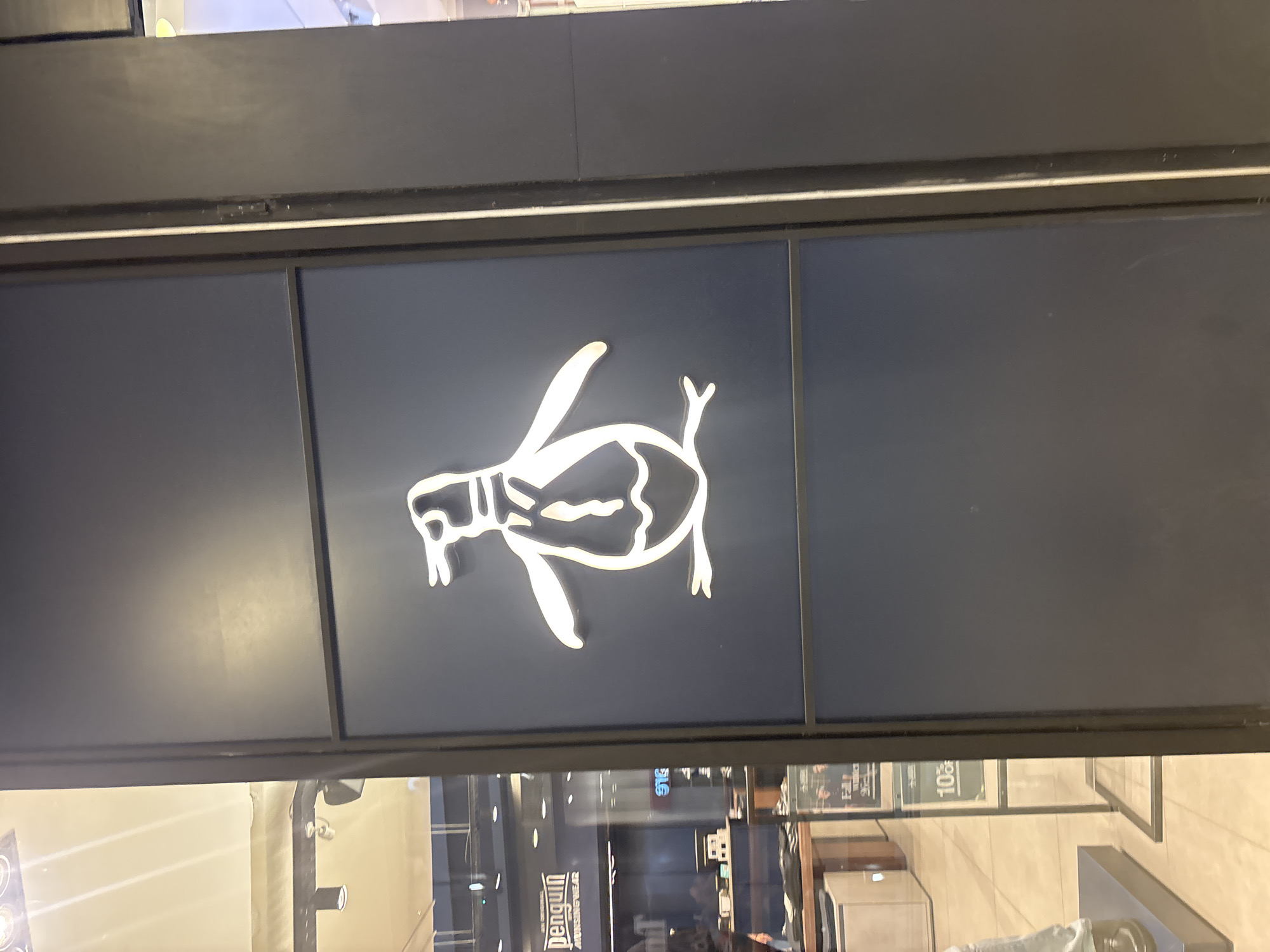 The image shows a sign of a penguin on the facade of a store. In the reflection, the word "Penguin" can be seen along with the words "Menswear." The sign appears to be illuminated with a white light. The store is located in Buenos Aires, Argentina.