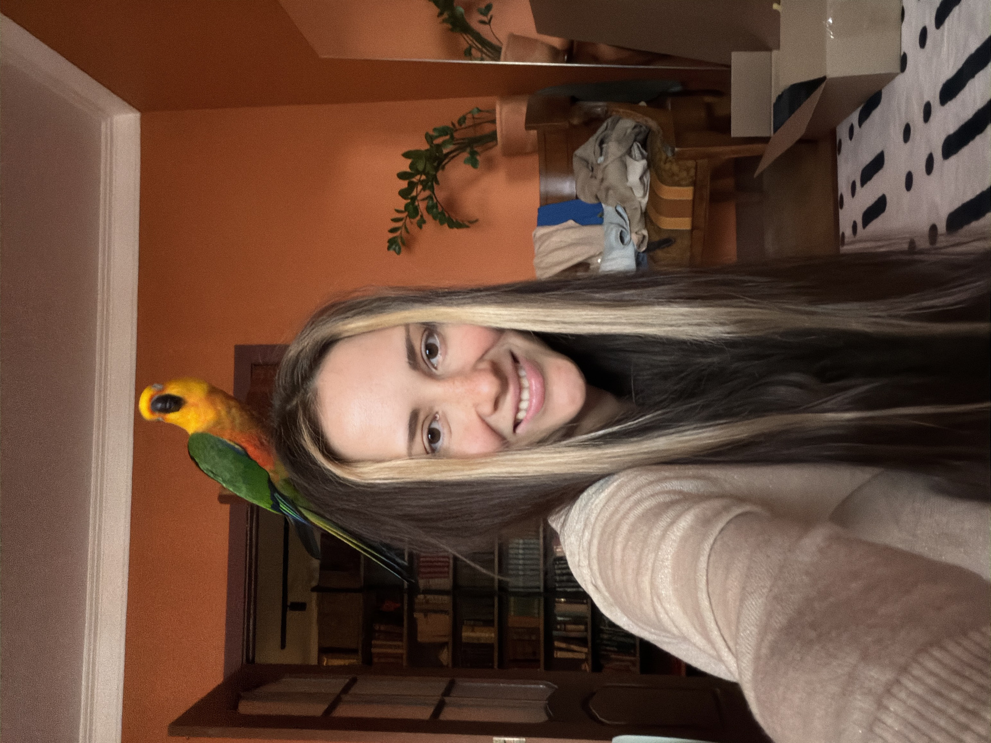 A woman with long, dark hair streaked with blonde is taking a selfie in a room. A colorful parrot, yellow and green, is perched on her head. The woman is smiling and wearing a light-colored, textured sweater. Behind her, a bookshelf filled with books is visible through an open doorway. The walls of the room are painted orange. In the background, there is a chair with folded clothes on it, a potted plant, and a mirror. There are also cardboard boxes on a patterned rug on the floor. The image appears to be taken in a residential setting, possibly an apartment in the city of Khimki, Russia.