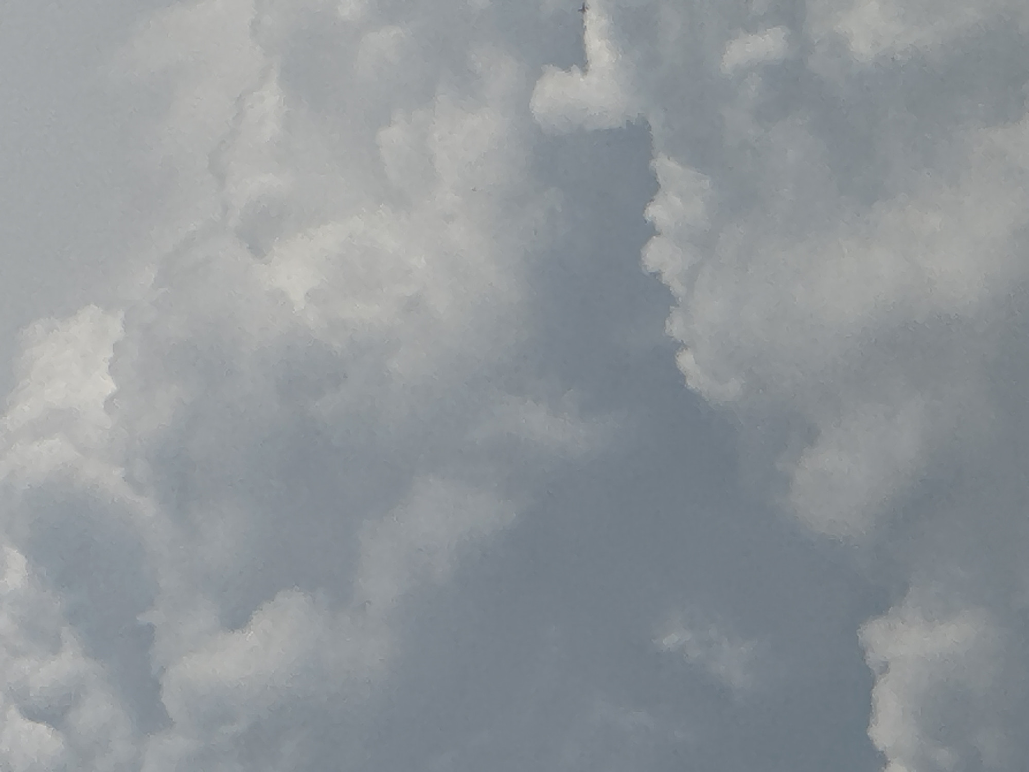 The image depicts a sky filled with a mixture of white and gray clouds. The clouds are dense and textured, suggesting a potentially overcast or stormy day. The overall color palette is dominated by shades of gray and white, with a hint of pale blue sky visible through some thinner cloud formations. The lighting indicates it could be daytime, with the sun obscured by the clouds. The scene is atmospheric, evoking a sense of the vastness of the sky and the dynamic nature of weather. There are no people, specific objects, or discernible location cues apart from the generic sky. The image is purely a landscape of clouds, offering no information about specific activities, emotions, or text.