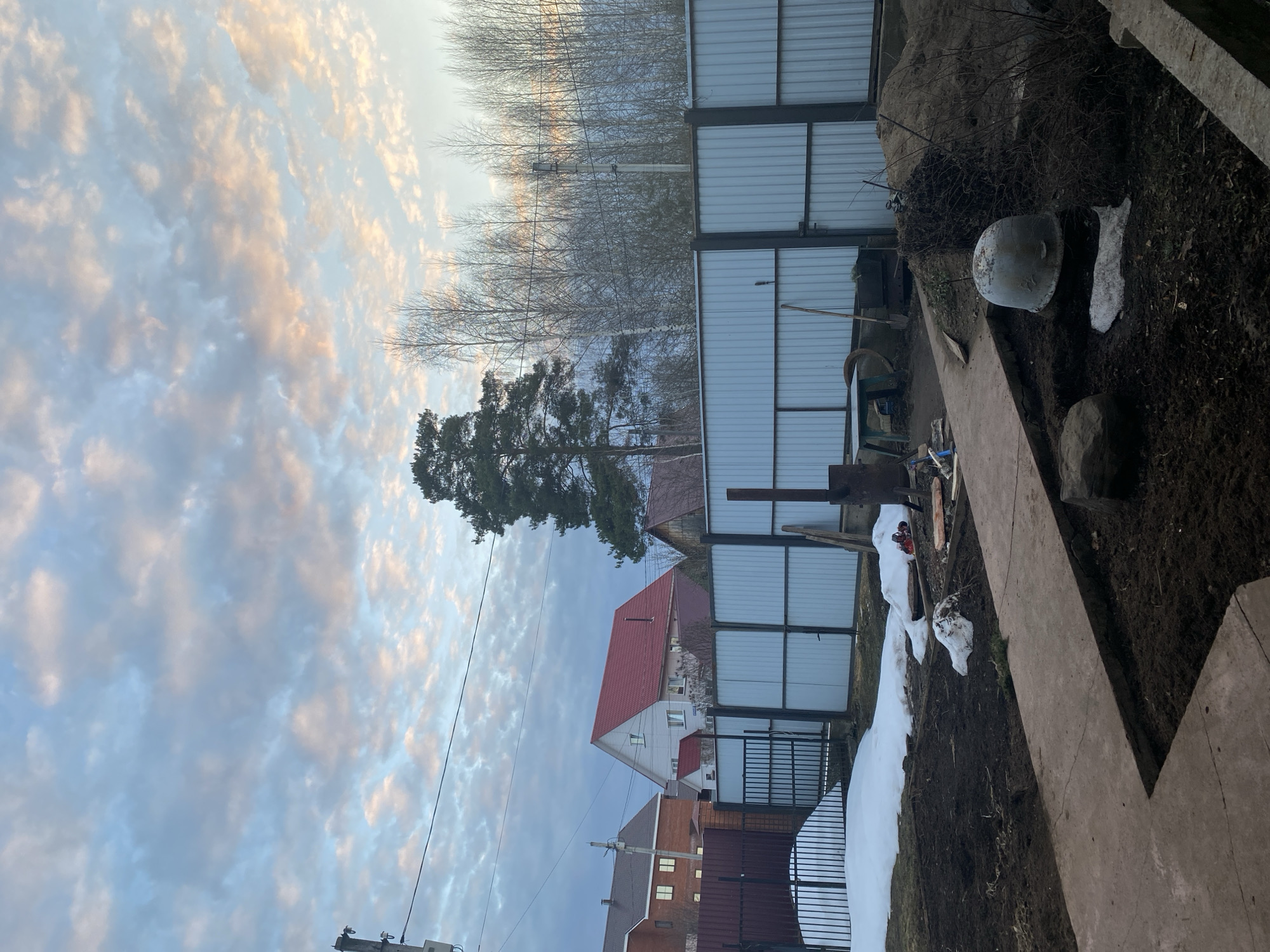 The image shows a backyard scene in Chaikovsky, Russia. A metal fence runs horizontally across the middle of the frame, behind which are trees and rooftops of houses. The sky above is filled with clouds. In the foreground, on the right, is a dirt area with some patches of snow and a concrete pathway. Miscellaneous objects are scattered in the dirt, including a helmet and some metal tools. The image appears to have been rotated.