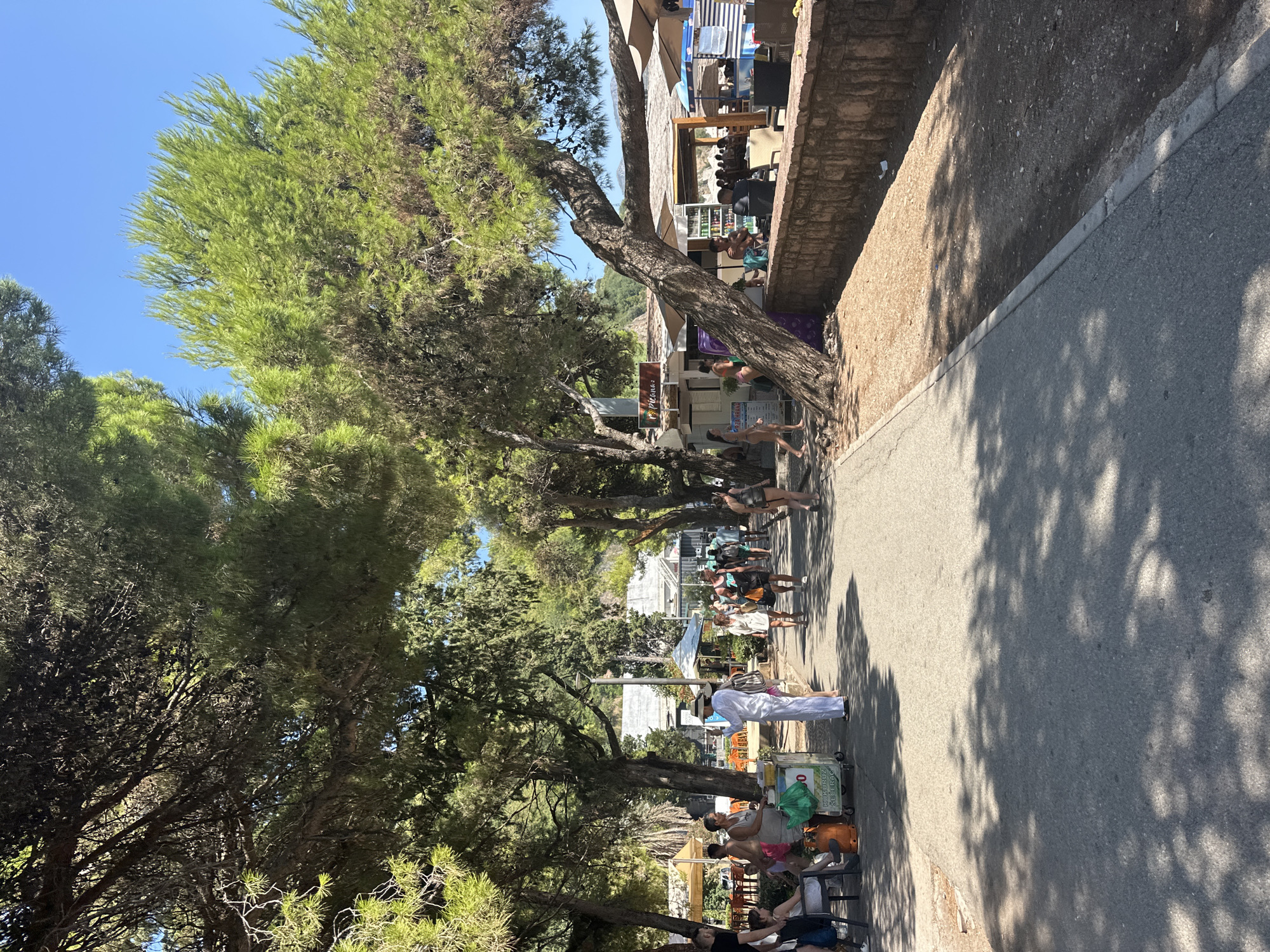 The image captures a sunny day on a pedestrian walkway lined with trees, likely in Budva, Montenegro. The walkway is paved with asphalt and features a gravel area to its right, separated by a low stone wall. Several pine trees with dense foliage dominate the scene, casting dappled shadows on the ground.
In the background, there are various structures, including what appear to be food stalls or small shops with awnings. People are walking along the path and interacting in small groups. Some individuals are seated at outdoor tables under umbrellas, suggesting a dining or seating area. A food cart with an orange gas cylinder is also visible.
The overall impression is of a lively outdoor public space, possibly a promenade or a path leading to a beach or recreational area, with a mix of natural elements and commercial activity. The presence of beachgoers in casual attire further suggests a coastal or resort setting.