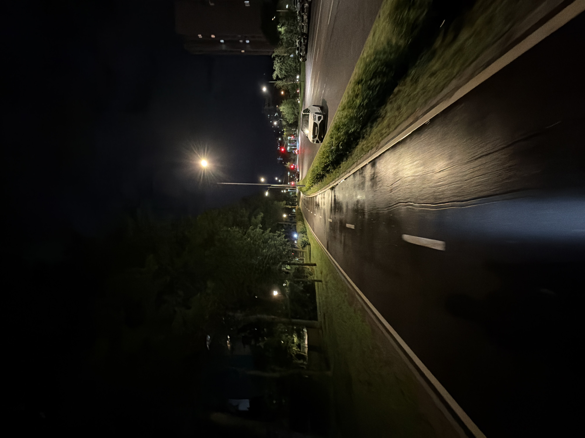 The image shows a night view of a wet road in Moscow, Russia. The road surface reflects the lights from street lamps and possibly a passing car. There is a white car on the road. Green vegetation lines the side of the road, and a building is visible in the background. Street lights illuminate the scene.
