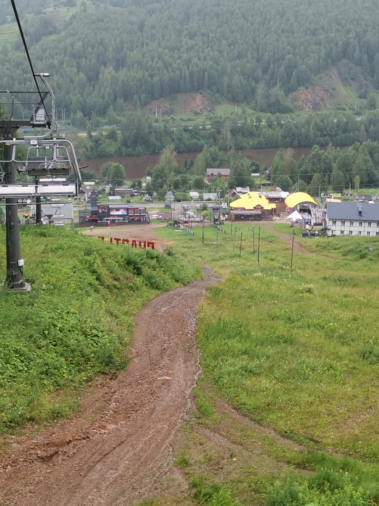 The image captures a mountain resort area in Gubakha, Russia, during overcast weather. In the foreground, a ski lift chair is visible on the left, ascending a grassy slope dotted with green foliage. A muddy, winding dirt path descends the slope towards a village-like settlement. In the middle ground, various structures are present, including several buildings with yellow roofs, one with a gray roof, and a stage with a large screen. Red lettering, possibly a sign, is visible on the ground behind the stage. Scattered power poles and wires run throughout the area. The background is dominated by a densely forested mountain slope.