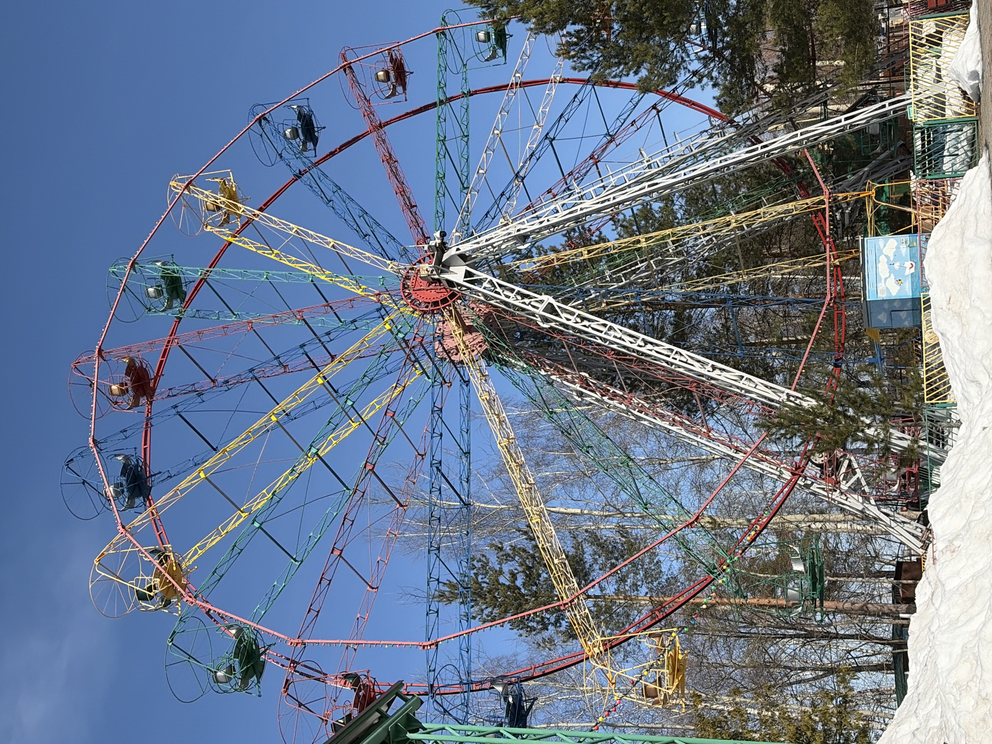 A multi-colored Ferris wheel dominates the scene against a clear blue sky in Chaikovsky, Russia. Its primary structure features radial spokes and cabins in red, yellow, blue, and green, supported by a prominent white A-frame base. Approximately 24 empty passenger gondolas are visible, each with a small light fixture. The ground in the foreground and around the base of the Ferris wheel is covered with substantial, partially soiled snow piles. Surrounding the attraction are numerous trees, including bare deciduous trees and green evergreen trees. A small, light blue utility box decorated with a painted sky, clouds, a hot air balloon, and a boat is situated near the base. Green and yellow metal fencing demarcates the area, and a blue sign with white text is visible near the wheel's support. No individuals or active movements are observed.