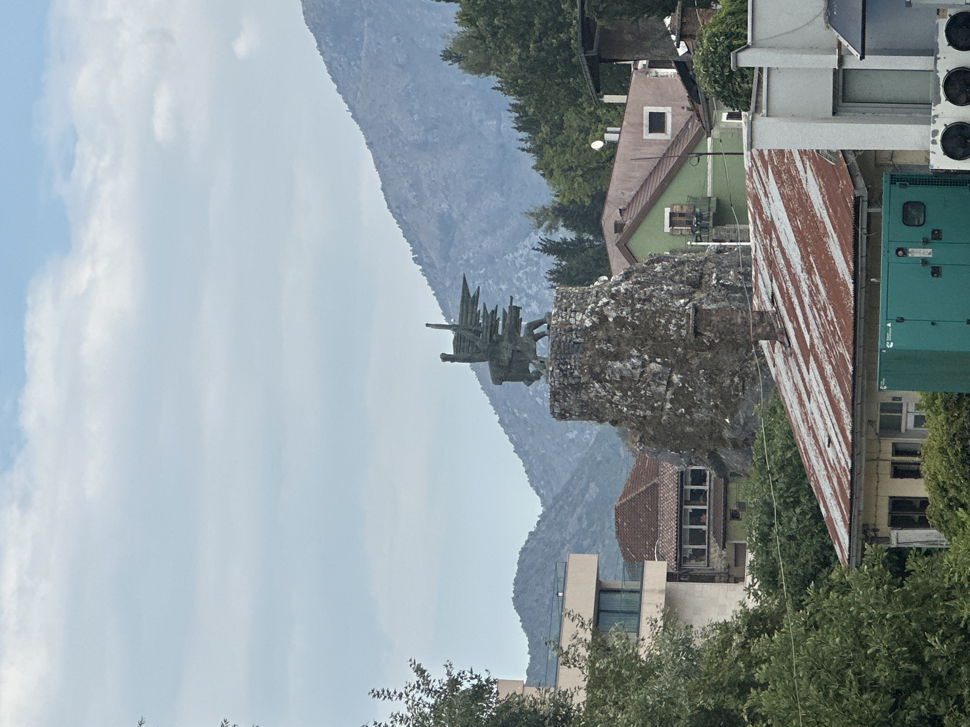 The image depicts a statue of a winged figure atop a rock formation, located in the town of Virpazar, Montenegro. The statue appears to be made of metal and is stylized, with the figure having outstretched wings and holding an object above its head. The rock base is rough and textured, suggesting a natural or man-made construction to mimic natural stone.
In the background, rolling hills and mountains are visible, covered in a mix of trees and rocky terrain. The sky is overcast with some visible clouds, suggesting a possibly gloomy or temperate day.
In the foreground and midground, several buildings are present. To the left, a modern, light-colored building with balconies and large windows stands out. Adjacent to it are structures with reddish-brown tile roofs, some appearing older with visible wooden window frames. Further to the right, more residential buildings with green and pink facades are visible, some with small balconies and chimneys. The roofs of some of these buildings are made of corrugated metal, showing signs of rust and weathering.
At the bottom right of the frame, a large, green generator unit with visible vents and control panels is situated. In front of it, several circular vents or air conditioning units are mounted on a white structure. Trees and dense foliage are scattered throughout the scene, adding to the natural and urban mix. The overall impression is a view of a town nestled within a mountainous landscape, with a notable monument as a central feature.