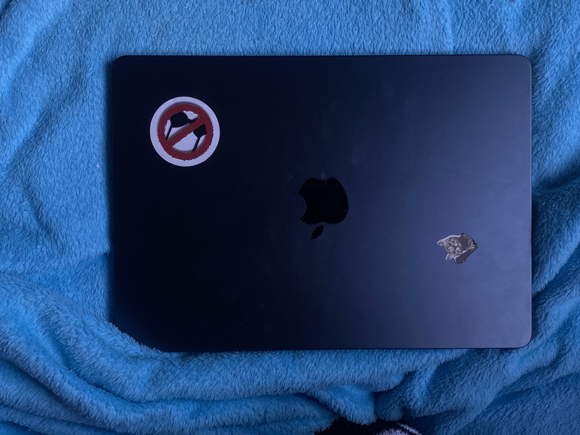 The image shows a closed, dark-colored laptop resting on a light blue, soft blanket. The laptop has two stickers on its surface: one a circular sticker with a red "no" symbol over two crossed paintbrushes, and the other a sticker of a cat. The Apple logo is visible in the center of the laptop lid. The blanket has a plush, textured appearance. No people are visible. The location is not discernible from the image.