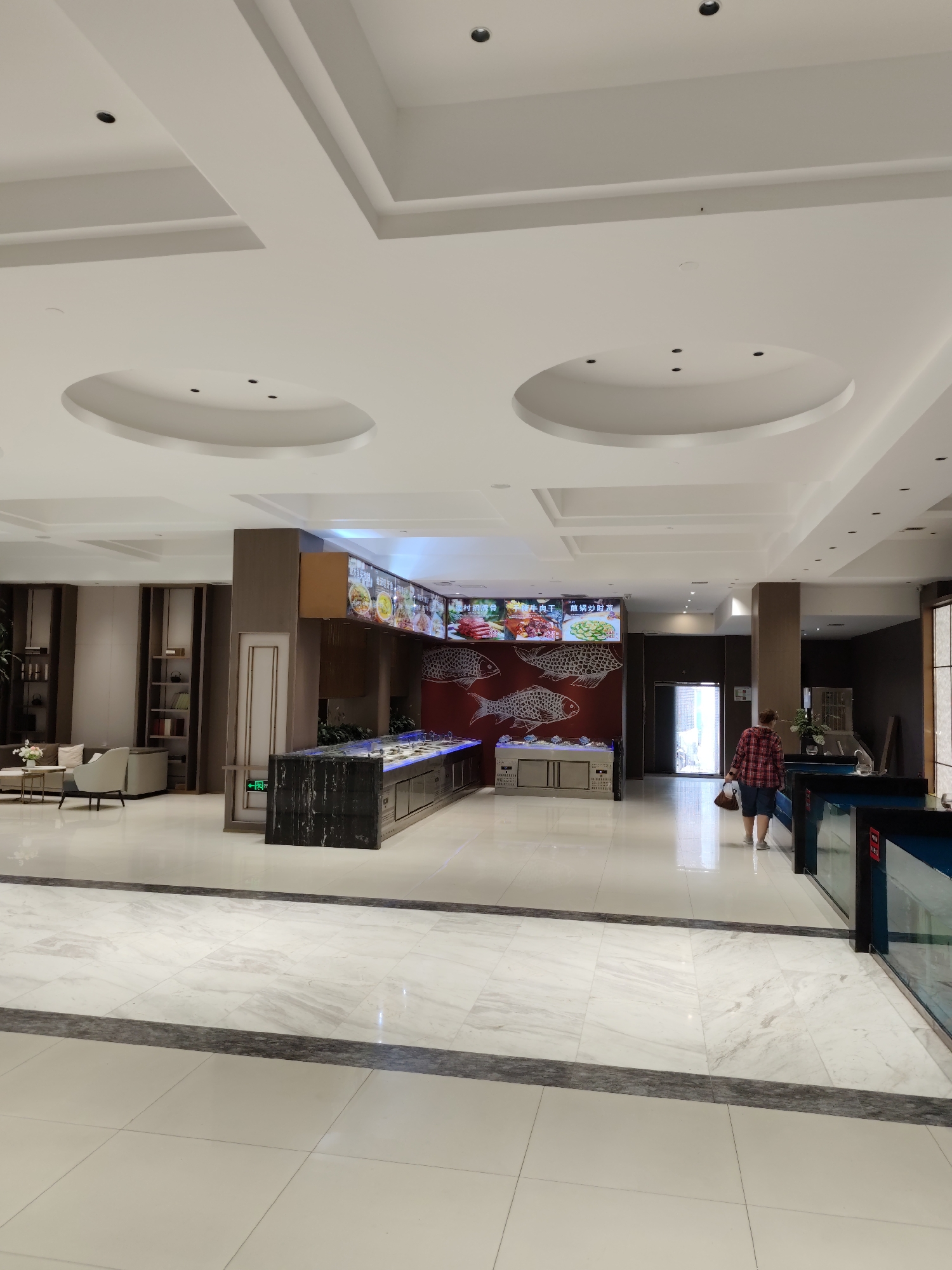The image depicts the interior of a modern establishment, possibly a restaurant or a food court, located in 幸福乡, China. The environment is characterized by a polished white marble floor with a darker gray marble border. The ceiling is a complex multi-level design with recessed lighting and two large circular indents.
In the foreground, a long counter with a black marble finish extends from left to right. Above this counter, a digital menu displays various food items with images. Below the menu, there's a display area with what appears to be live seafood tanks, some of which are illuminated and contain fish. A large decorative motif of several fish is visible on a red wall behind this counter.
To the left, a seating area with plush sofas and armchairs is visible, along with a small table and decorative elements like a vase of flowers and shelving units containing books and teaware.
A woman wearing a red and black plaid shirt and denim shorts is walking away from the camera towards the right side of the frame. She is carrying a brown bag. Further to the right, there are more display tanks with blue-tinted glass. An elevator is visible in the background, between the food display and the woman. The overall impression is one of a clean, well-lit, and contemporary commercial space.