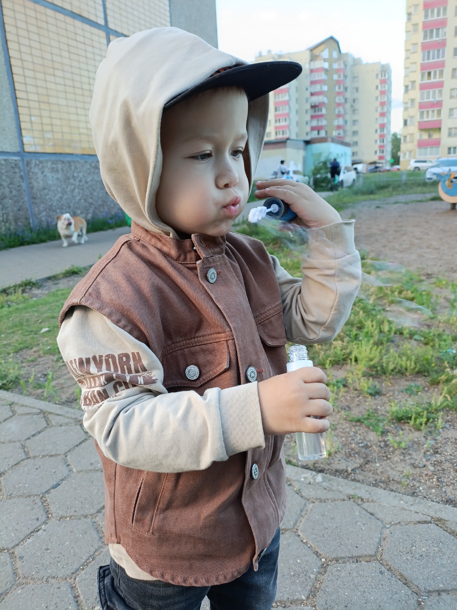A young boy stands in a city park in Chaikovsky, Russia, blowing bubbles. He is wearing a light beige hooded sweatshirt, a brown vest, and dark jeans. He holds a bottle of bubble solution in his right hand and a bubble wand in his left, from which several bubbles are emanating. The background includes a paved pathway, grass, and residential buildings. A dog is visible in the distance to the left of the frame.