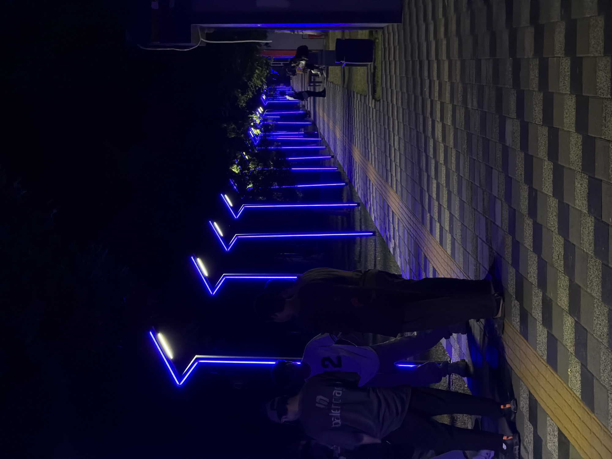 The image captures an outdoor scene at night in Chirchik, Uzbekistan, likely a public walkway or park. The primary visual elements are a row of modern, angular light fixtures emitting vibrant blue neon light, illuminating a patterned paved walkway. The walkway is constructed with alternating dark and light grey square tiles, with a textured yellow strip running along one edge, possibly a tactile paving indicator for visually impaired individuals.
In the foreground, a group of four young men are standing on the walkway, their backs mostly to the camera. They are dressed in casual, dark-colored clothing. One man on the far left wears a grey t-shirt with lettering and a baseball cap. The man next to him wears a white t-shirt with the number "2" on it and appears to be wearing light-colored pants. The other two men are also in dark attire. Their posture suggests they are engaged in a conversation.
Further down the walkway, several other individuals are visible. One person stands near the middle of the scene, facing away from the camera, and another group is seated at tables in the background, near what appears to be a covered seating area or shelter. The background is dominated by dark trees and foliage, contrasting with the bright blue lights. The overall atmosphere is dimly lit, with the neon lights providing the main source of illumination. The scene suggests a public space designed for evening recreation or transit.