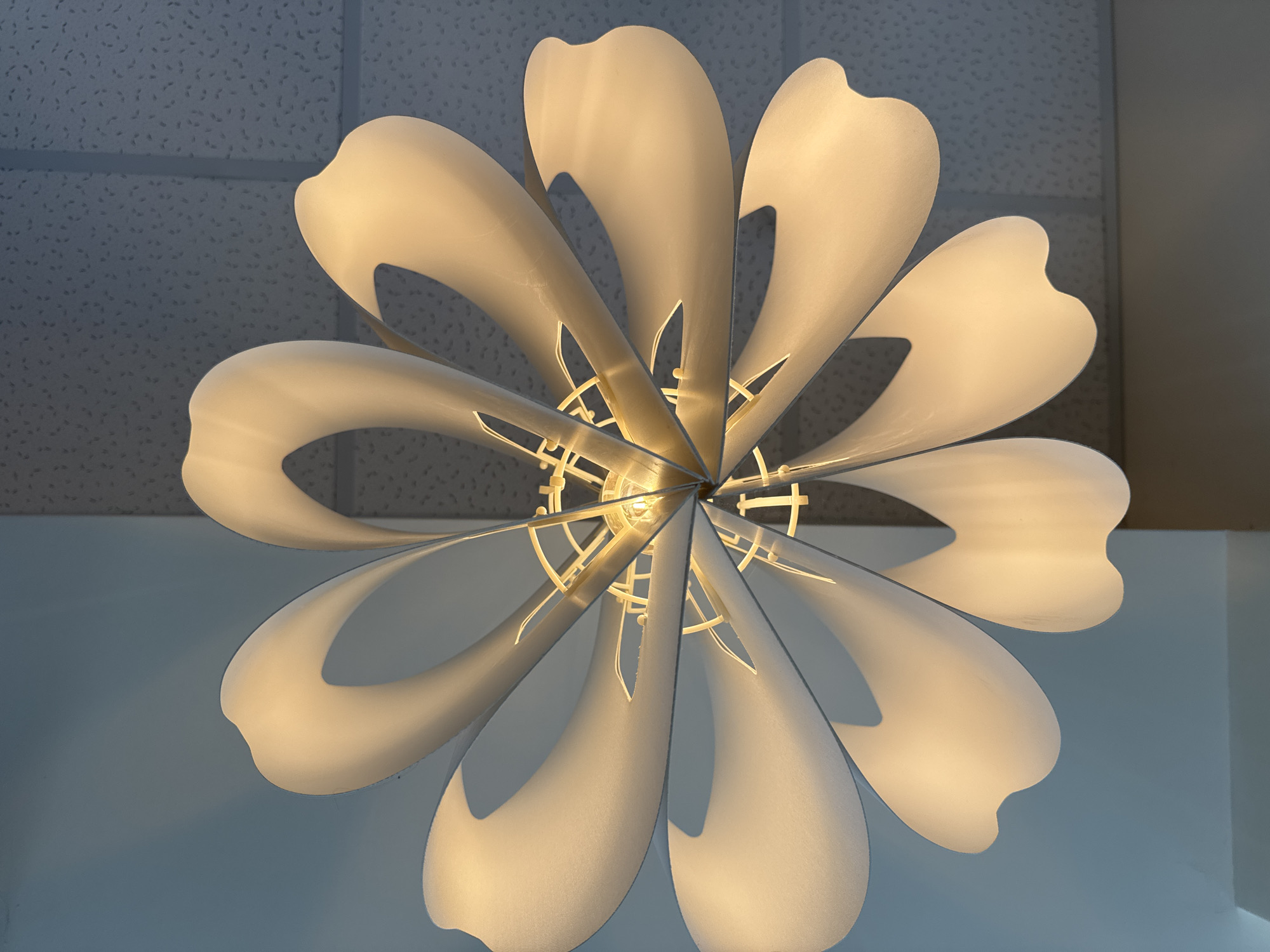 The image shows a close-up, low-angle view of a white, petal-shaped light fixture hanging from a textured ceiling. The light fixture resembles a flower with multiple curved, overlapping petals radiating from a central bulb. The light is illuminated, casting soft shadows and highlights on the petals. The background consists of a ceiling with a subtle speckled pattern and a plain blue wall on the left. There are no people or actions depicted in the image. The location is stated to be in Kremenchuk, Ukraine.