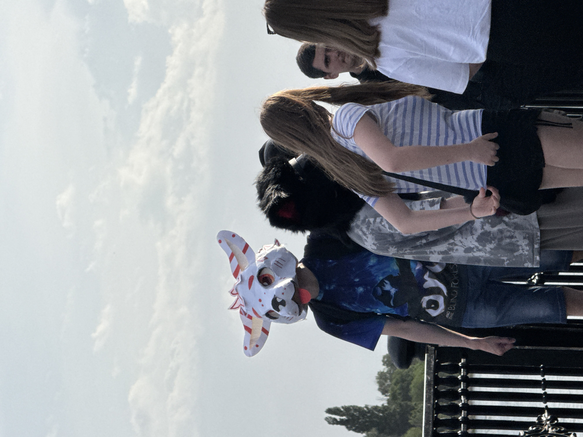 The image depicts a group of people outdoors. One person is wearing a large white mask with red and white striped ears and red spots, with what looks like a partial black furry costume attached behind the mask. Another person is wearing a blue tie-dye shirt with the words "The Blind Forest" on it. The group includes people of different ages, including children, with one person wearing a white and blue striped shirt and black shorts. The sky appears overcast. A wrought-iron fence is in the foreground. I have no information that confirms the location in the city of Rostov-on-Don, Russia.