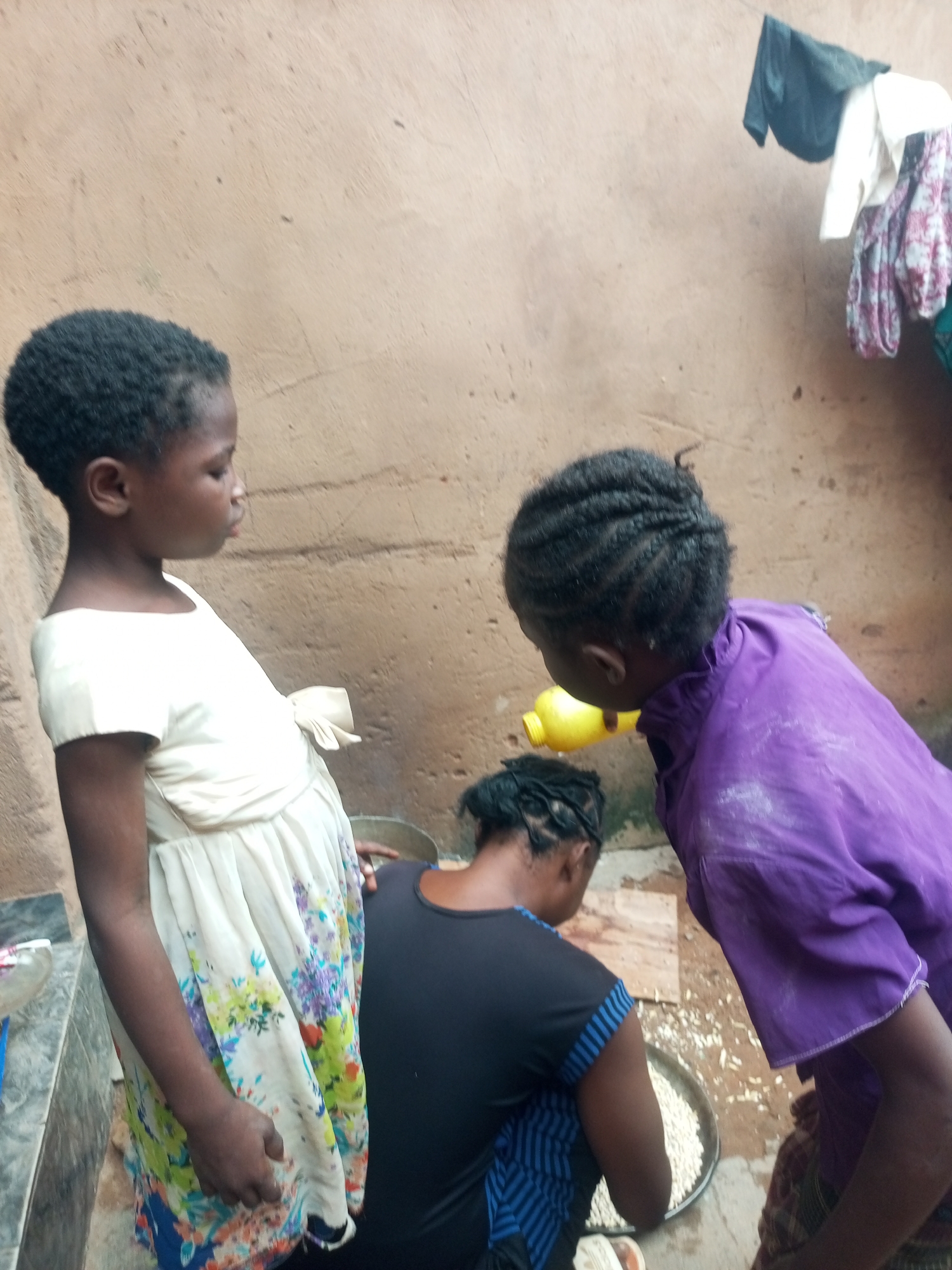 In Gombe, Nigeria, three young Black females are positioned around a large metal basin filled with a white granular substance, likely beans, set on a textured, earthy-toned outdoor floor. The female on the left, facing right, wears a white dress with a floral pattern. The female in the center, facing away from the camera and towards the basin, wears a black and blue striped top. The female on the right, facing left, wears a vibrant purple garment. A yellow plastic bottle is visible near the purple-clad female. The background consists of a rough, beige-colored wall, and laundry hangs from a line to the upper right. The overall environment appears to be an outdoor domestic space.
