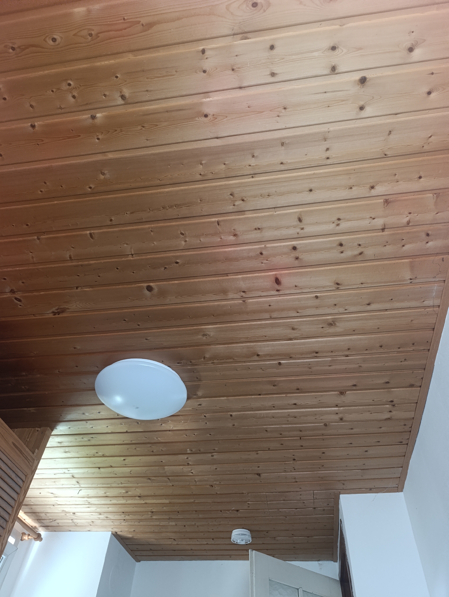 The image shows a ceiling made of horizontal wooden planks, likely pine, with visible knots and a light brown stain. A circular white ceiling light fixture is positioned in the lower left of the frame. Further in the background, a white cylindrical object, potentially a smoke detector, is visible. The walls are white and form a corner in the lower right. The setting is presumed to be indoors. There are no visible people or interactions, the environment is domestic and located in Pfullingen, Germany.