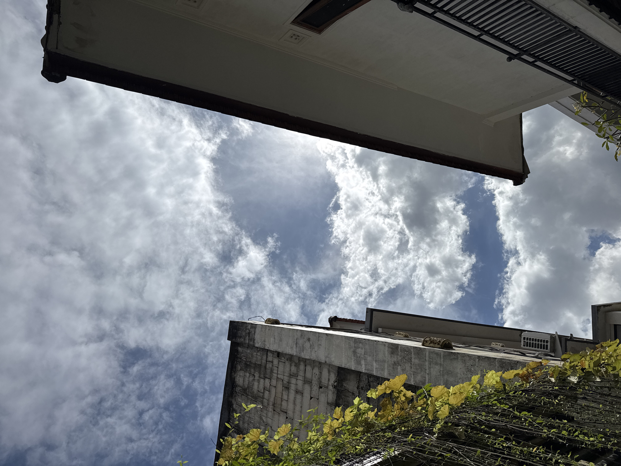 The image, taken from a low angle in North Kuta, Indonesia, presents a view upwards towards the sky framed by the architecture of buildings. Cumulus clouds scatter across the blue sky. Above, the eaves of a light-colored building with a dark trim and a metal balcony are visible. Below, a concrete building with a rough, brick-like texture is partly covered with a dense growth of vines bearing yellow leaves.