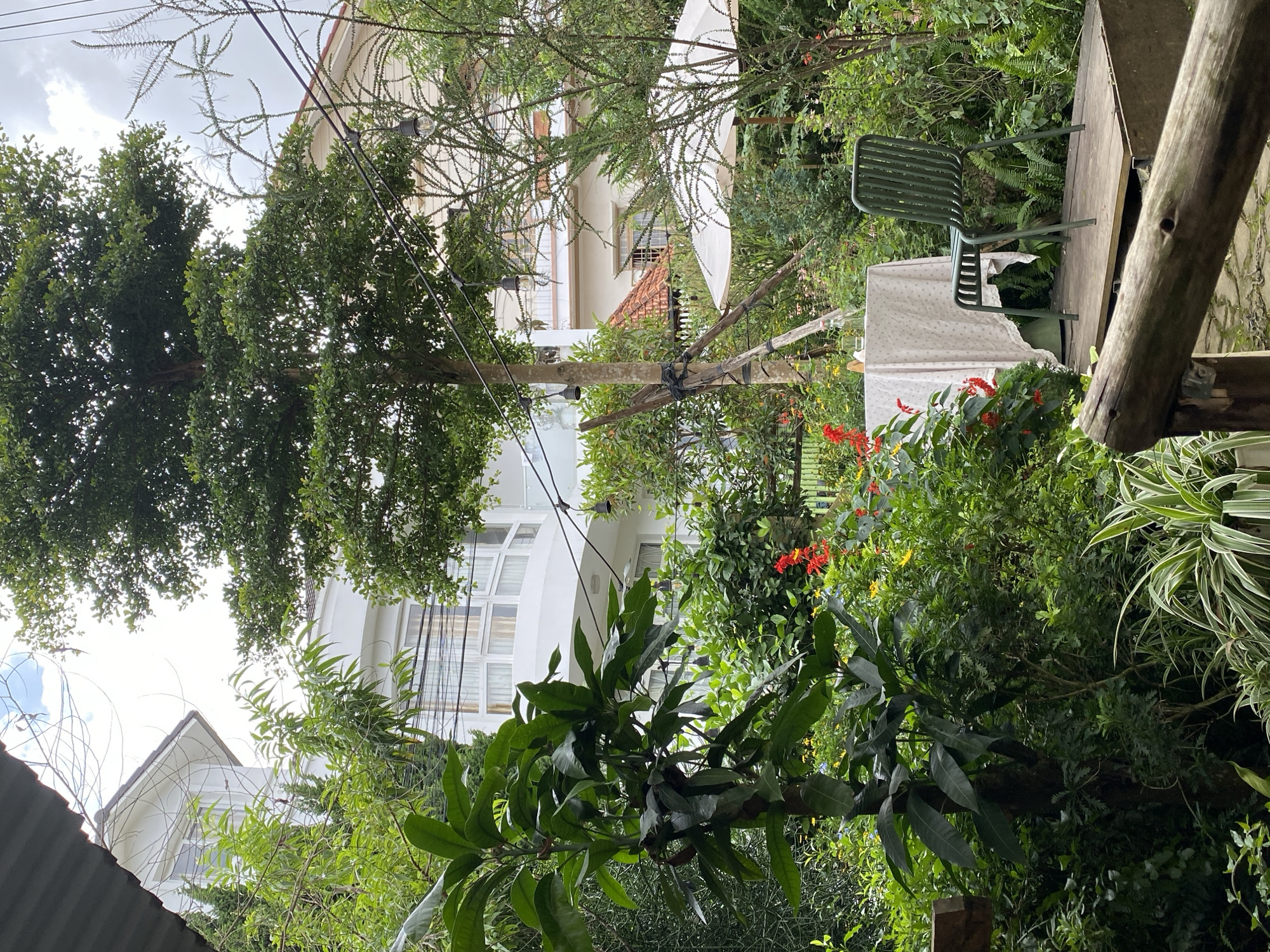 This is an outdoor scene in Lâm Viên - Đà Lạt, Vietnam, featuring a small dining area amidst lush greenery. A round table, draped with a white cloth adorned with a subtle floral pattern, is set on a wooden platform. A single green metal chair is positioned at the table. In the background, white buildings with arched windows are visible, partially obscured by trees and foliage. Two white umbrellas are open, providing shade. A large tree with dense green leaves dominates the upper portion of the image. The atmosphere is serene and natural, suggesting a quiet cafe or a private garden setting.