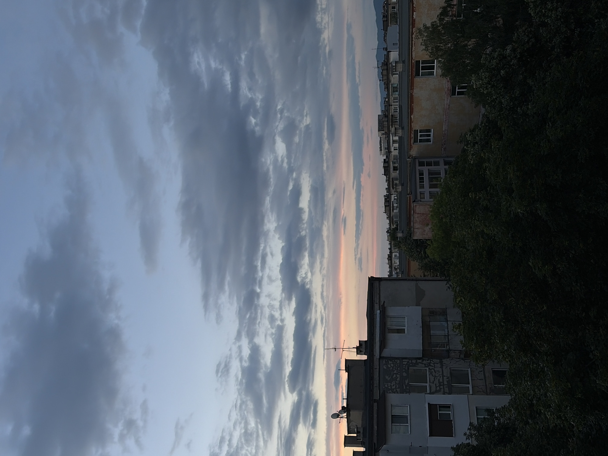 This is an outdoor, medium shot, eye-level photograph of buildings and the sky. The sky is filled with dark, gray clouds, with a pale pink and orange glow near the horizon. Below the sky are the rooftops of several apartment buildings, many of them appearing weathered and somewhat dilapidated. Some buildings have satellite dishes and antennas on their roofs. In the foreground, dense, dark green trees obscure the lower portions of the buildings, suggesting the view is from a slightly elevated position, perhaps another building or a hill. The scene appears to be set in a city, likely during either sunrise or sunset due to the colors in the sky.