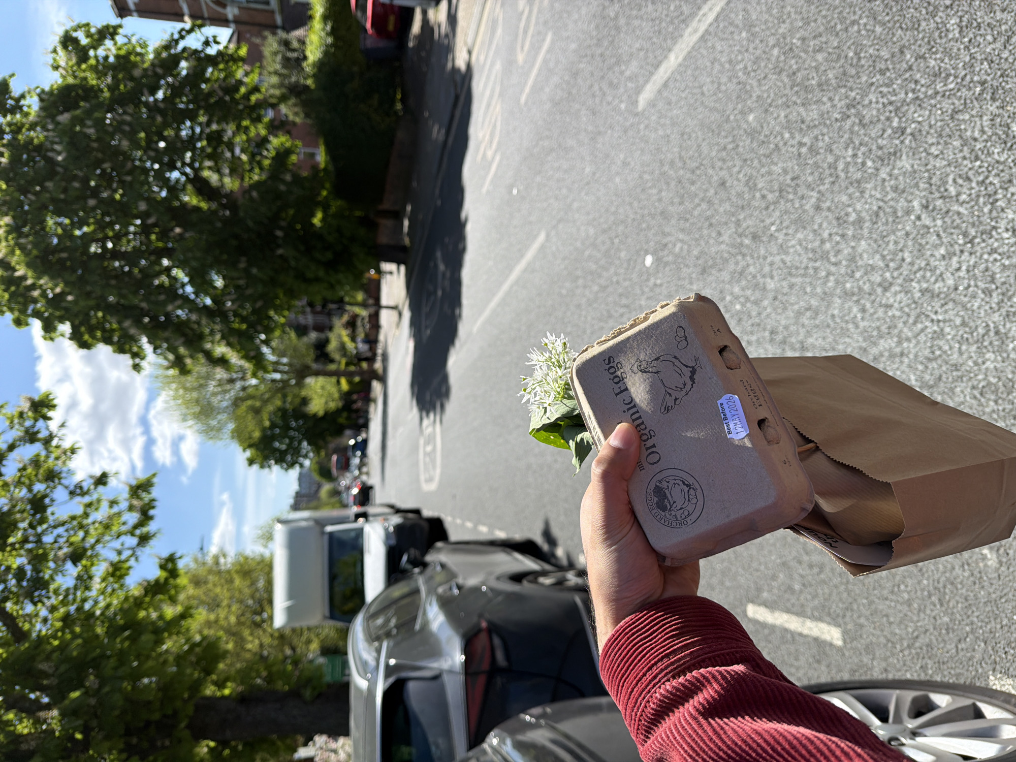 The image is taken from the first-person perspective of an individual standing on a street with parked cars and trees. The person is holding a carton of "Orchard Eggs" with the label "Organic Eggs" visible. The best-before date on the carton is "12MAY2026." A brown paper bag accompanies the egg carton. A small bouquet of white flowers is tucked into the carton. The setting appears to be an urban area with visible trees, buildings, and parked vehicles. The angle of the shot suggests that the image was taken on a city street or neighborhood in London.