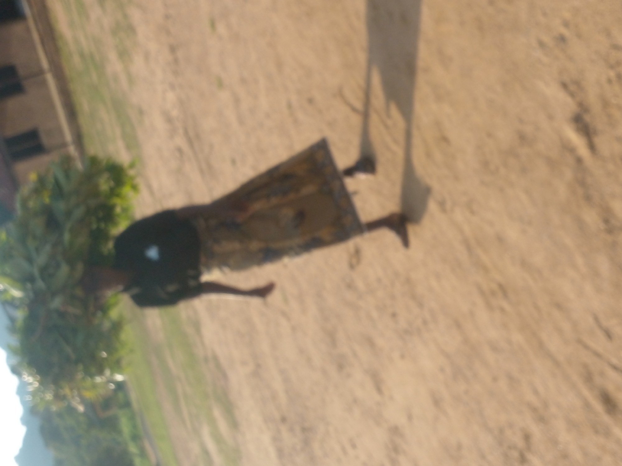 A person is walking on a dirt path, carrying a large bundle of green foliage on their head. The person is wearing a dark t-shirt and a patterned skirt that reaches their ankles. Their feet are partially visible, and they are wearing dark shoes. The background consists of a grassy field and a building with windows. The lighting suggests it is daytime, with sunlight casting a shadow of the person on the ground. The overall image is slightly blurry. The location is identified as being in the city of Langtang, Nigeria.
