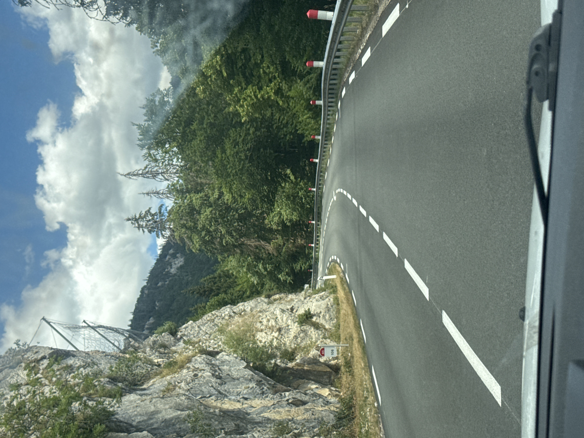 The image shows a winding paved road in a mountainous region. On the left side of the road, a steep, rocky cliff face rises sharply. A protective net is installed on the upper part of the cliff. Dense green trees cover the slopes on both sides of the road, with some dead trees visible amongst them. The road is marked with white dashed lines and has a metal guardrail along the right edge, punctuated by red and white bollards. A small sign with the number "106" is visible on the side of the road near the cliff. The sky is partly cloudy with a bright blue sky visible. The image appears to be taken from inside a vehicle, looking forward through the windshield. There are no people or animals visible in the image. The scene is a remote, scenic road through a forested mountain area.