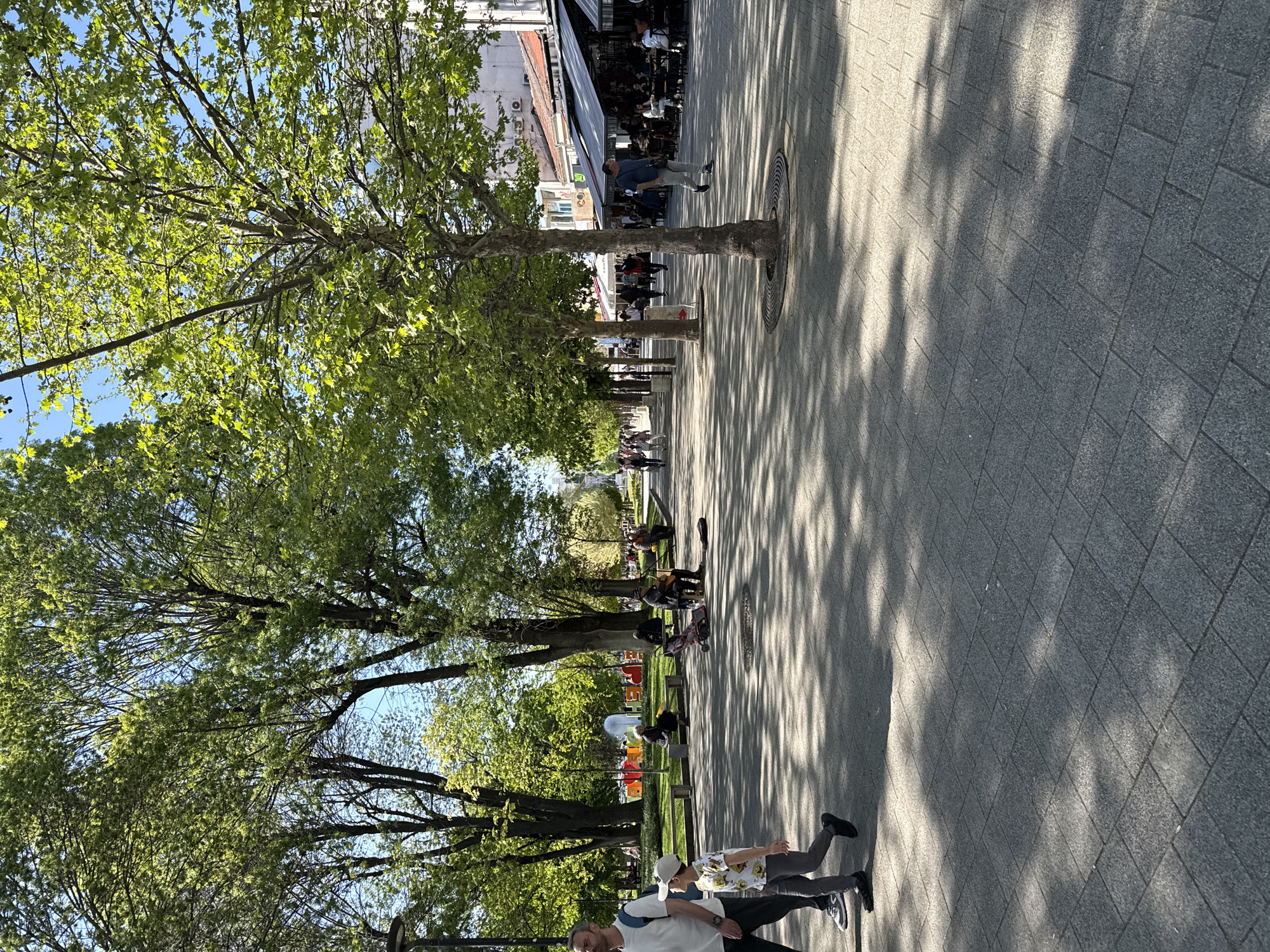 The image shows a street in Pleven, Bulgaria lined with trees providing shade on a sunny day. The ground is paved with grey tiles. People are walking on the sidewalk, some are sitting on benches. A row of shops or restaurants is visible in the background. A man and a child are walking in the foreground.