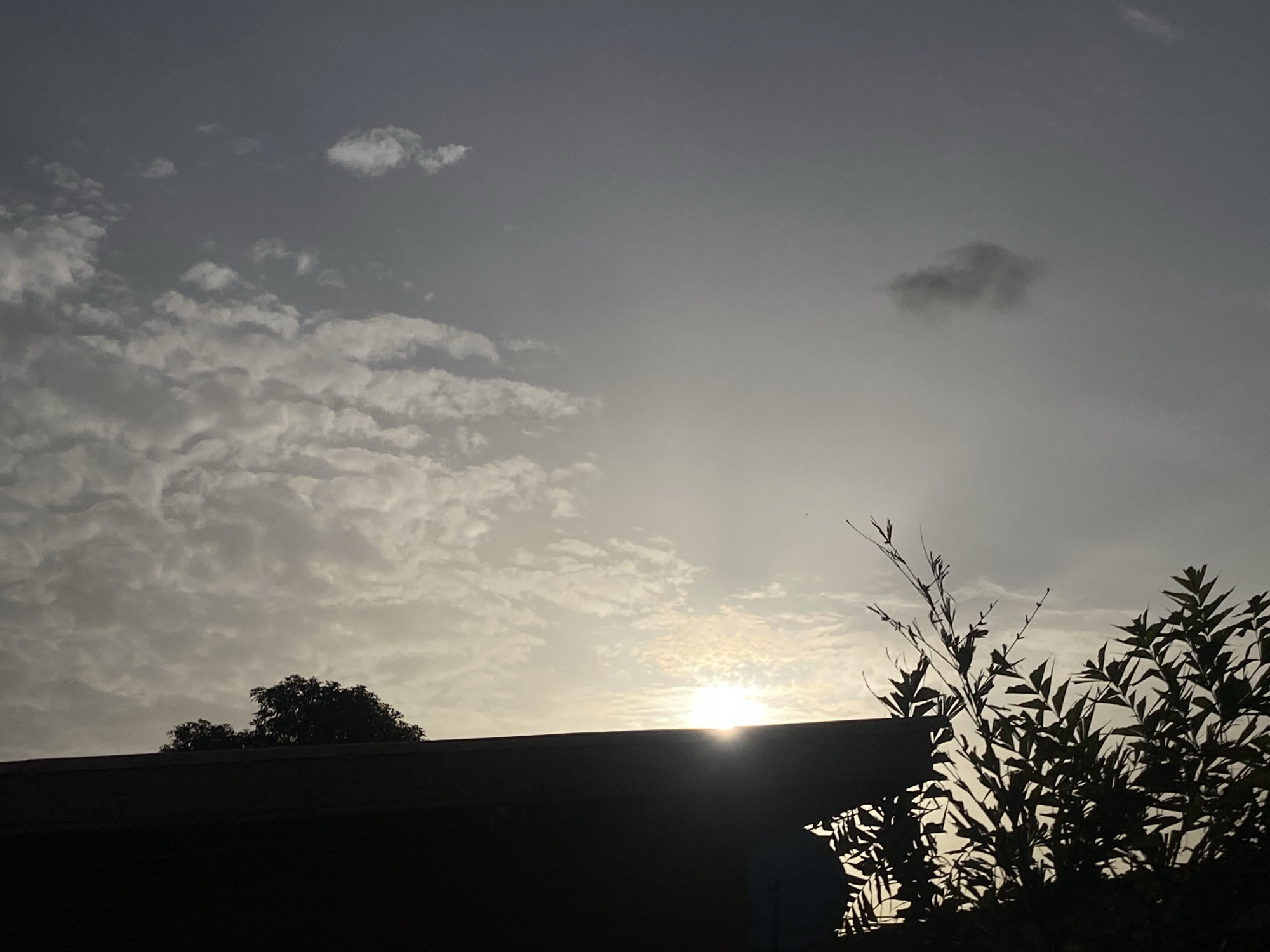 The image shows a silhouetted rooftop against a hazy sky at sunset. The sun is partially obscured by clouds, creating a soft glow. Trees and foliage are also silhouetted against the sky, some on top of the roof and others to the right of the frame. The overall impression is one of dusk in a residential area. The location is described as Barden Yana, Nigeria, which is consistent with the appearance of the tropical vegetation.