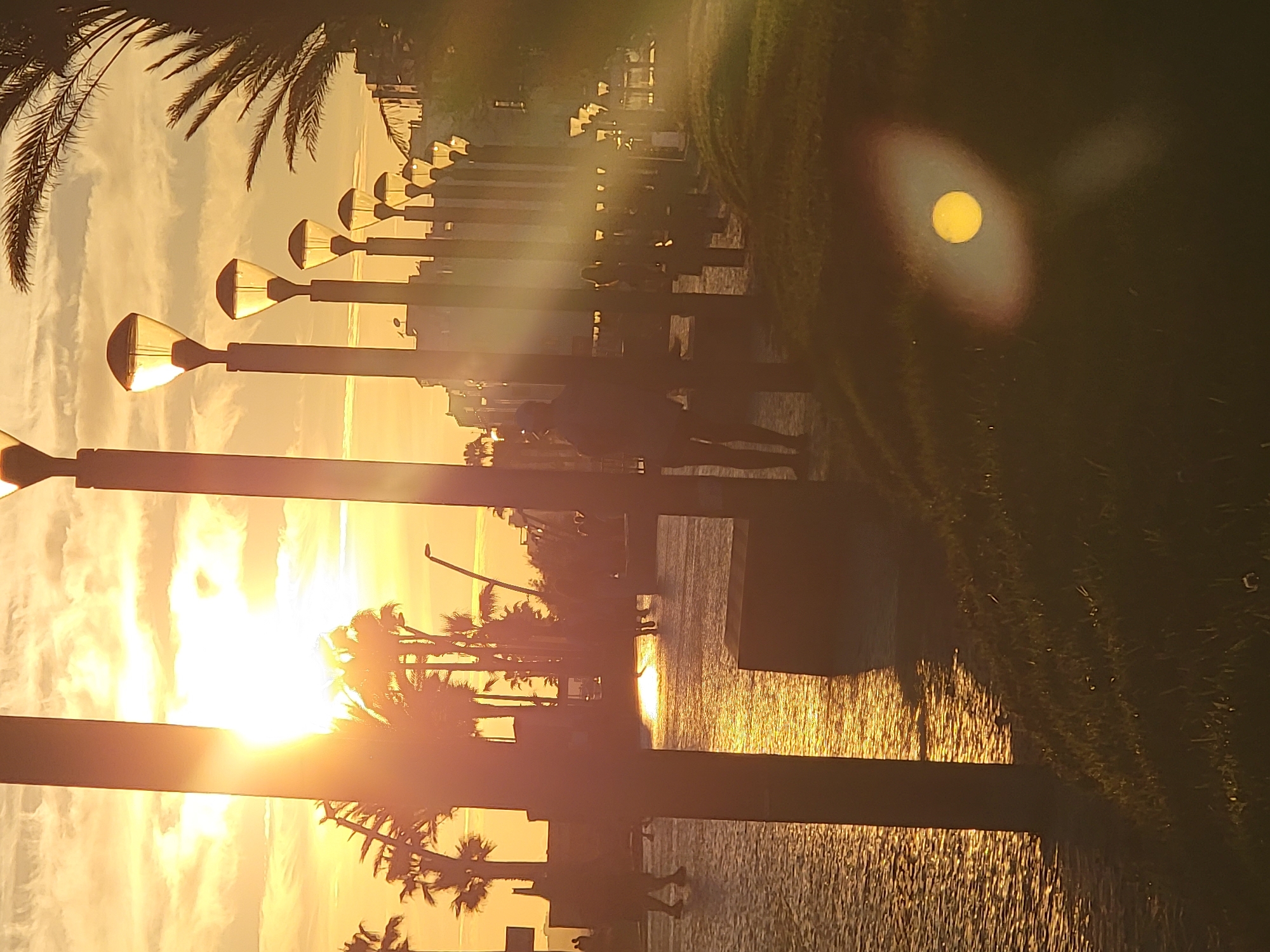 This image depicts a sunset scene along the Quarteira waterfront in Portugal. The sun, low on the horizon, casts a warm, golden glow across the scene, creating a strong lens flare in the foreground. The sky is filled with soft, scattered clouds, illuminated by the setting sun. Palm trees are visible on the left and right sides of the frame, their silhouettes stark against the bright sky. A row of modern lampposts with diamond-shaped fixtures lines the walkway, illuminated by the setting sun. The walkway itself appears to be paved with light-colored stones, reflecting the sunlight. Silhouettes of people are visible walking along the paved area, some appearing to be strolling. In the middle ground, a building with a flat roof and several windows is visible. The foreground features a grassy area, with a distinct circular lens flare appearing on the right side of the frame. The overall impression is a tranquil evening atmosphere by the sea.
