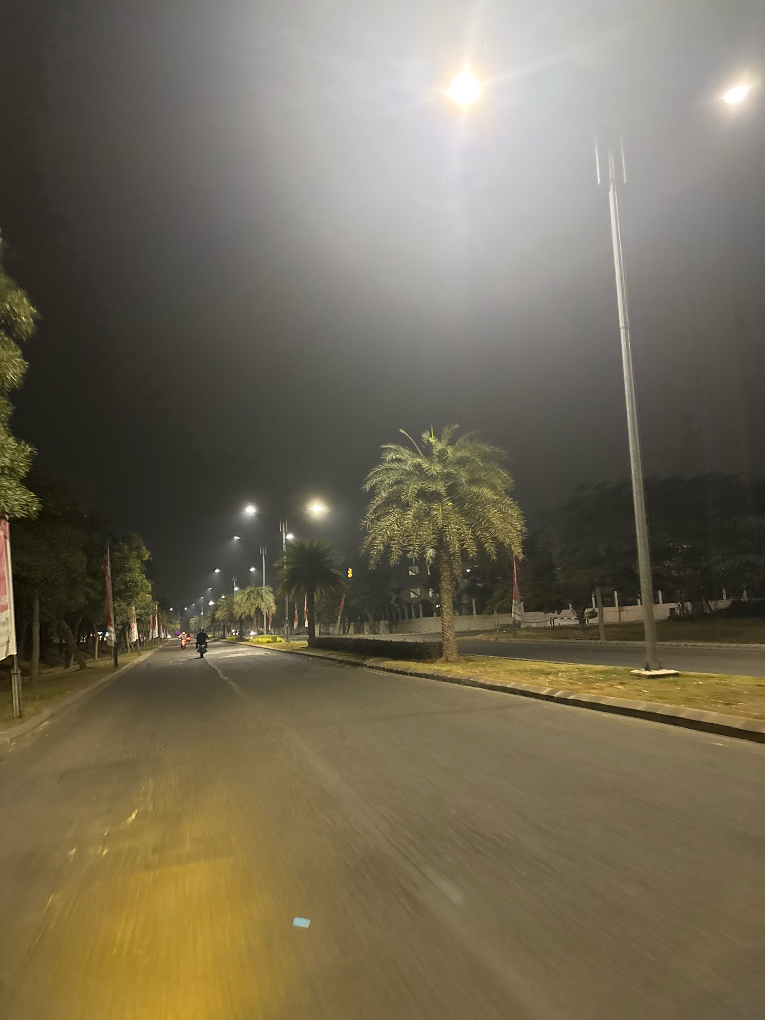 The image depicts a nighttime scene on a wide, paved road, likely a boulevard or highway, in Telagamurni, Indonesia. The road is illuminated by overhead streetlights, which create bright halos in the slightly hazy or foggy atmosphere. Several palm trees are visible along the sides of the road, with dense foliage and tall, slender trunks. On the left side of the road, there are trees and what appear to be vertical banners. In the distance, a few motorcycles are traveling on the road, their headlights visible. The road surface shows some scuff marks and a few small, scattered objects, including a bright blue rectangular object on the right lane. The overall impression is one of an urban or suburban environment at night, with active traffic and characteristic tropical vegetation.