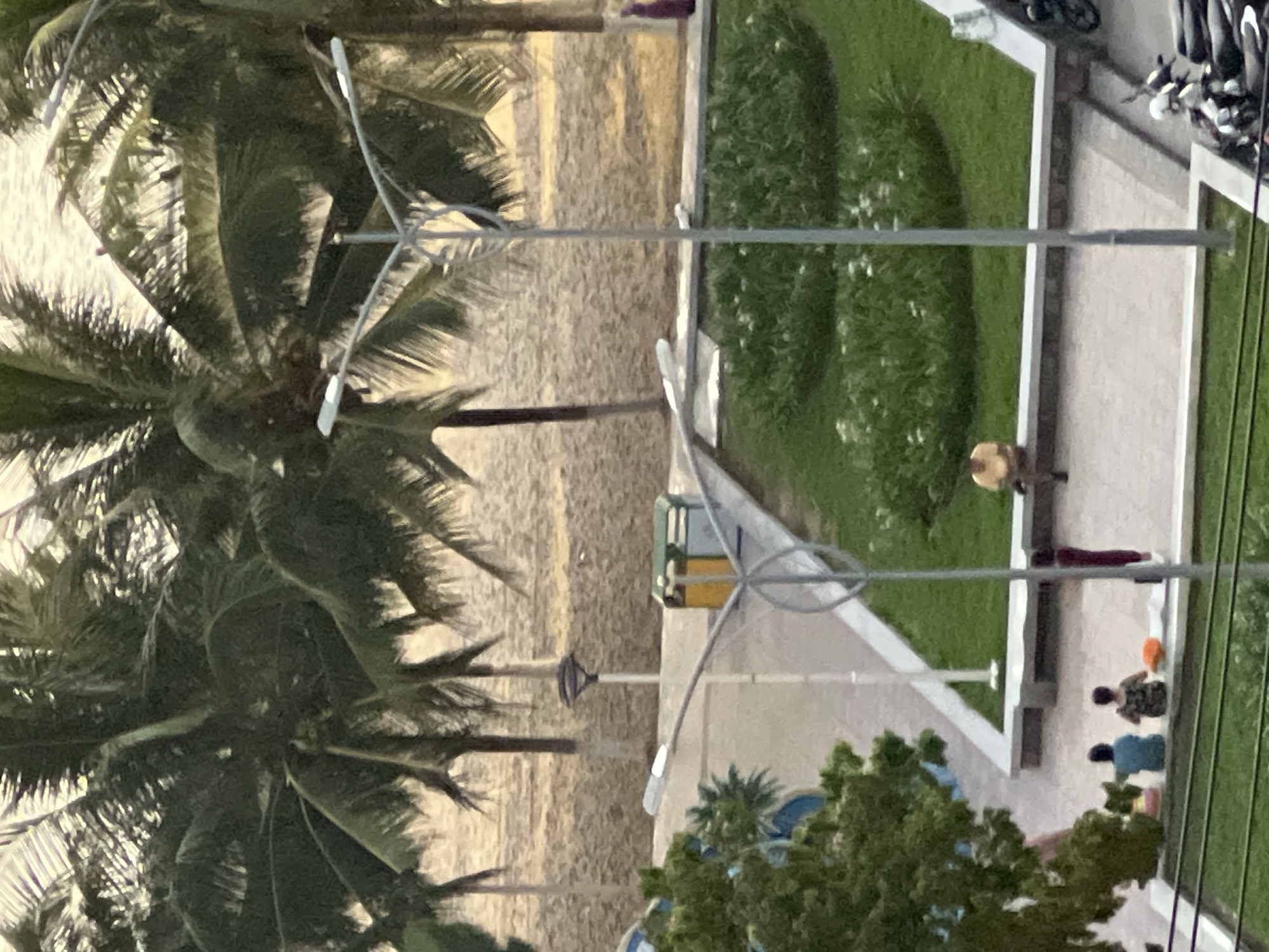 In Nha Trang, Vietnam, a scene unfolds near a sandy beach lined with palm trees. Two distinct light poles with multiple fixtures stand prominently, one in the mid-ground and another on the right, partially obscured by the foreground. A pathway made of concrete slabs runs through the scene, leading to a grassy area with scattered white flowers. Two trash receptacles, one yellow and one blue and green, are positioned on the pathway.
In the foreground, a group of people are visible. Three individuals are seated on a low concrete wall. Two are seated side-by-side, facing away from the camera. One is wearing a blue shirt, and the other is wearing a patterned garment. A third individual, wearing a red-brown top and dark pants, stands to the right of these two. Further to the right, another person is seated on a wall, facing the camera and wearing a light yellow shirt.
The background consists of a wide expanse of sand, characteristic of a beach, with several palm trees silhouetted against a hazy sky. In the far right of the image, a purple-clad figure walks along the edge of the beach. A section of a white building with blue accents is visible on the far left, and at the bottom right, several motorcycles are parked.