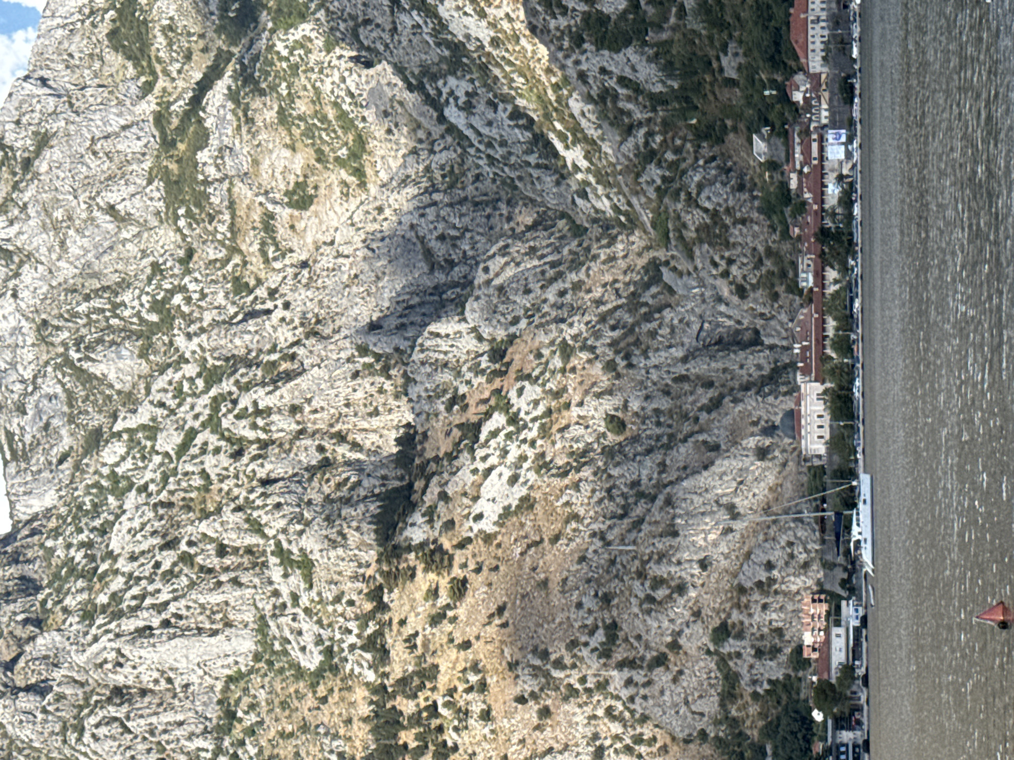 A wide shot captures the dramatic scenery of Škaljari, Montenegro, with a towering, rugged mountain range dominating the background. The rocky, steep slopes are sparsely dotted with green vegetation and appear to be bathed in sunlight, creating strong contrasts between light and shadow. In the foreground, a calm body of water, likely a bay or gulf, reflects the subdued light, with subtle ripples indicating a gentle movement. A white catamaran sailboat with two hulls is anchored on the water, its mast prominently displayed. Along the shoreline, a picturesque town is nestled at the base of the mountain. Buildings with terracotta roofs and light-colored facades are visible, suggesting a Mediterranean architectural style. Some buildings appear to be historical, while others seem more modern. A red buoy is partially submerged in the water in the lower left corner of the frame. The scene evokes a sense of tranquility and natural beauty.