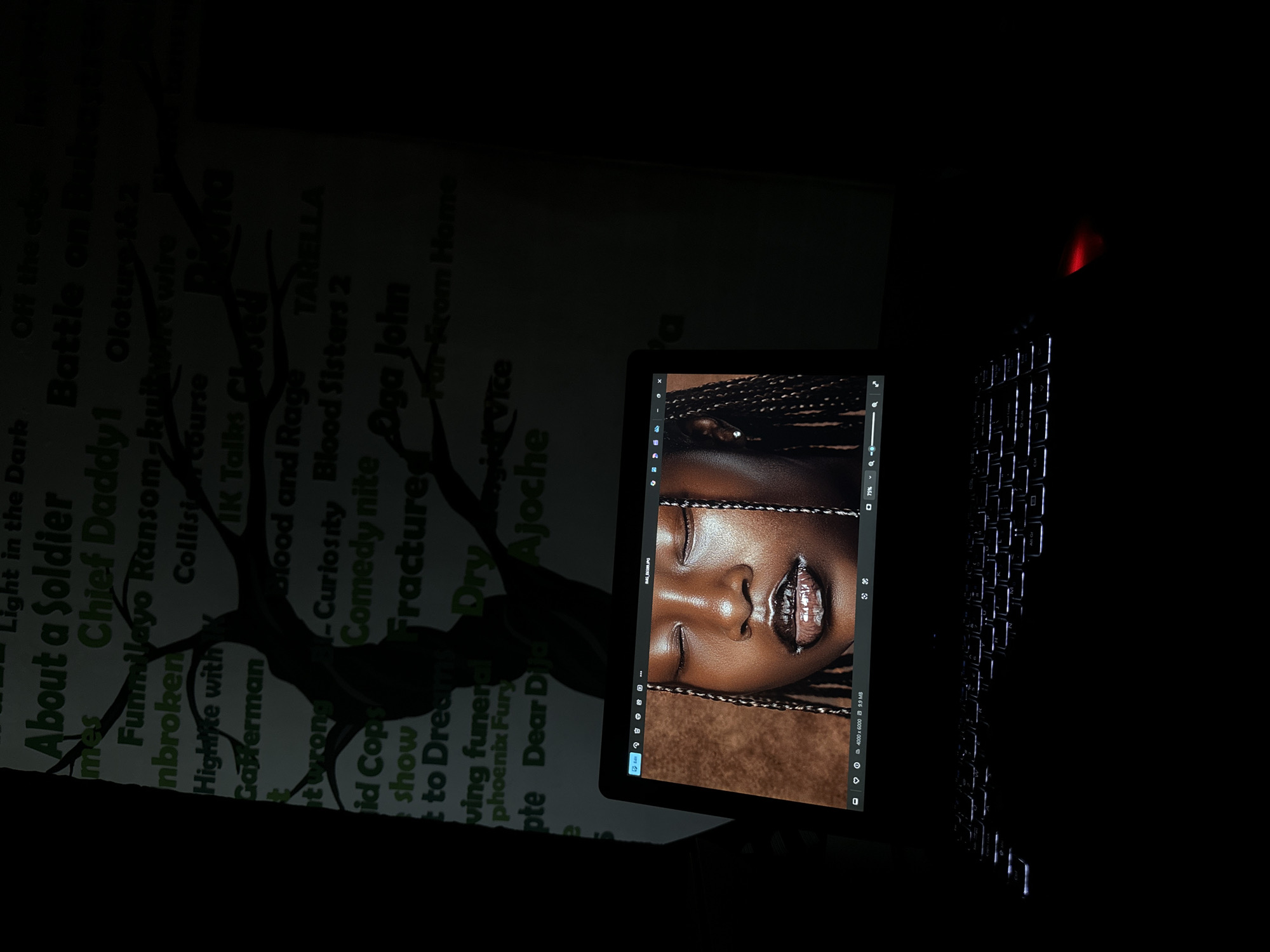 The media file captures a dimly lit indoor scene, likely at night, dominated by a laptop and a projection on a wall. The laptop is open, its backlit keyboard partially visible, and its screen displays a high-resolution image (4000 x 6000 pixels, 5.9 MB, file "BAG_6589.JPG") of a dark-skinned woman's face. The close-up focuses on her nose, mouth with glossy lips, and chin, with intricate braided hair framing her face. The image appears within a photo editing application, indicated by interface elements and a 75% zoom level.
Behind the laptop, a list of text is projected onto a wall, accompanied by a silhouetted tree graphic. This list features numerous titles, suggesting a selection of films or television series. Visible titles include "Light in the Dark," "About a Soldier," "Battle on Bukast," "Chief Daddy 1," "Oloture 1&2," "Funmilayo Ransom," "kulture wire," "nbroken," "Collision Course," "IK Talks Closed," "Highite with Gafferman," "Blood and Rage," "it wrong," "id Cops," "show," "t to Drea," "Richa," "TARELLA," "Curiosity Blood Sisters 2," "Comedy nite Oga John," "Fracture," "Far From Home," "ving funera," "phoenix Fury," "pte Dear Dild," "Dry," "Ajoche," and "Vice." This content, combined with the Ikeja, Nigeria location context, implies the viewing or selection of local or regionally popular media. The scene depicts an individual engaging with digital content on a laptop while a larger display serves as a dynamic backdrop.