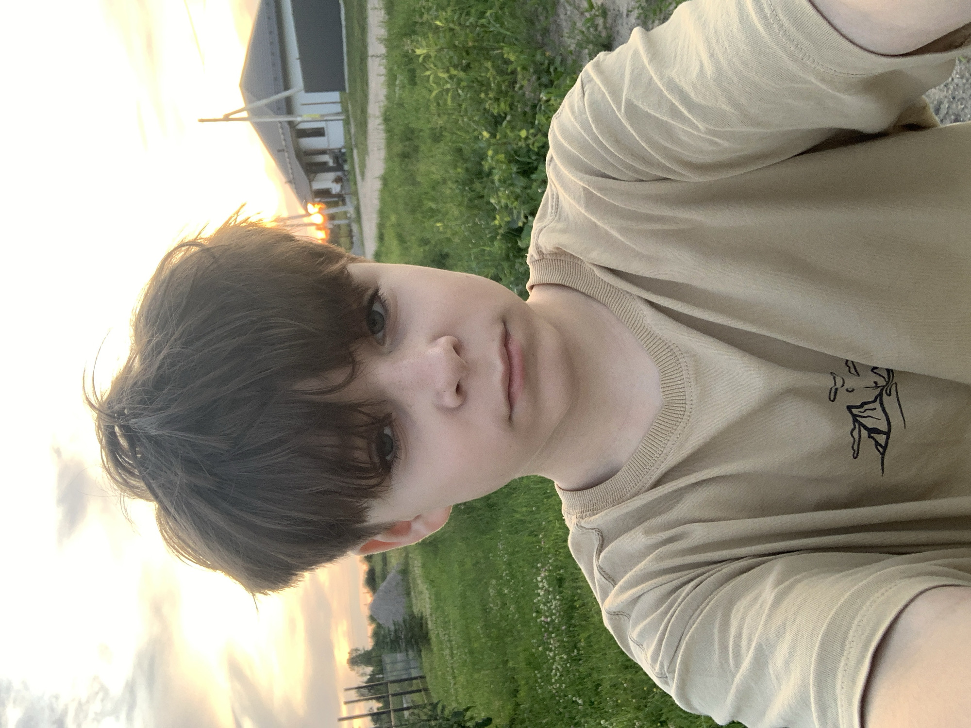A young boy with shaggy brown hair and green eyes is taking a selfie outdoors. He is wearing a light brown t-shirt with a minimalist black graphic of mountains. The background shows a grassy field, a dirt path, a few trees, and a modern house under a cloudy sky with the sun setting. The overall lighting suggests it is late afternoon or early evening. The location is identified as Gvardeysk, Russia.