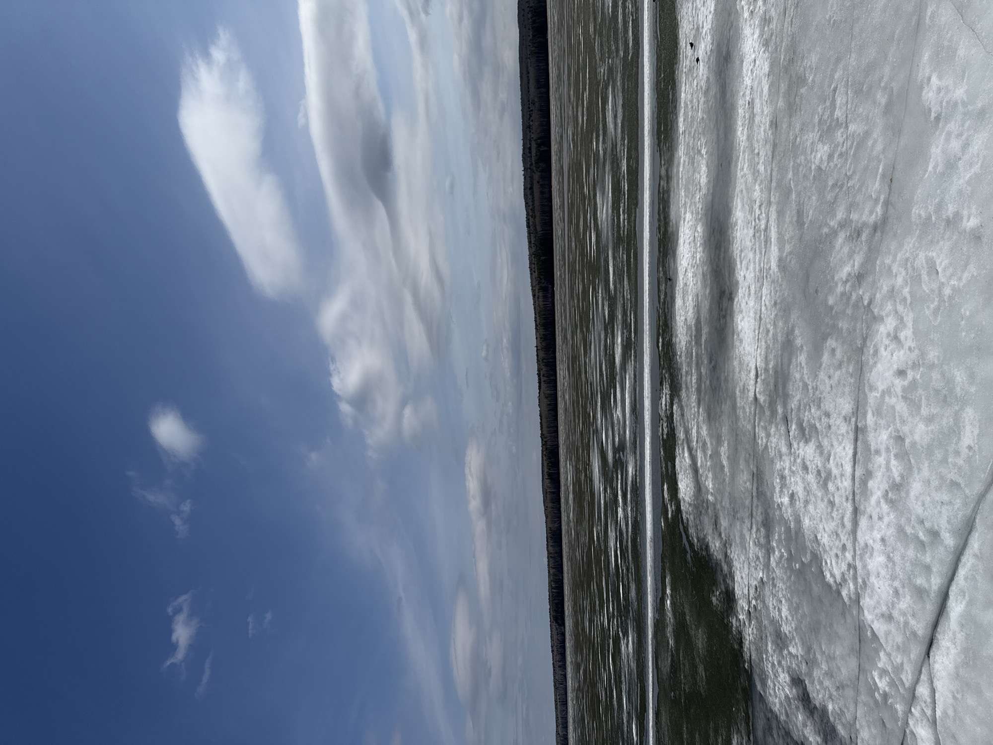 The image shows a landscape with a bright blue sky with scattered white clouds occupying the left portion of the frame. A line of dark trees stretches horizontally across the middle ground, creating a boundary between the sky and the foreground, which appears to be a body of water, potentially a frozen lake or river, covered in ice and snow. The ice has a mottled texture, with some areas appearing smooth and reflective while others show cracks and imperfections. The photograph seems to be taken horizontally, possibly in a location like Chaikovsky, Russia, given the likely presence of a vast open landscape and a northern climate where bodies of water freeze over in winter. There are no visible people or identifiable interactions within the scene.