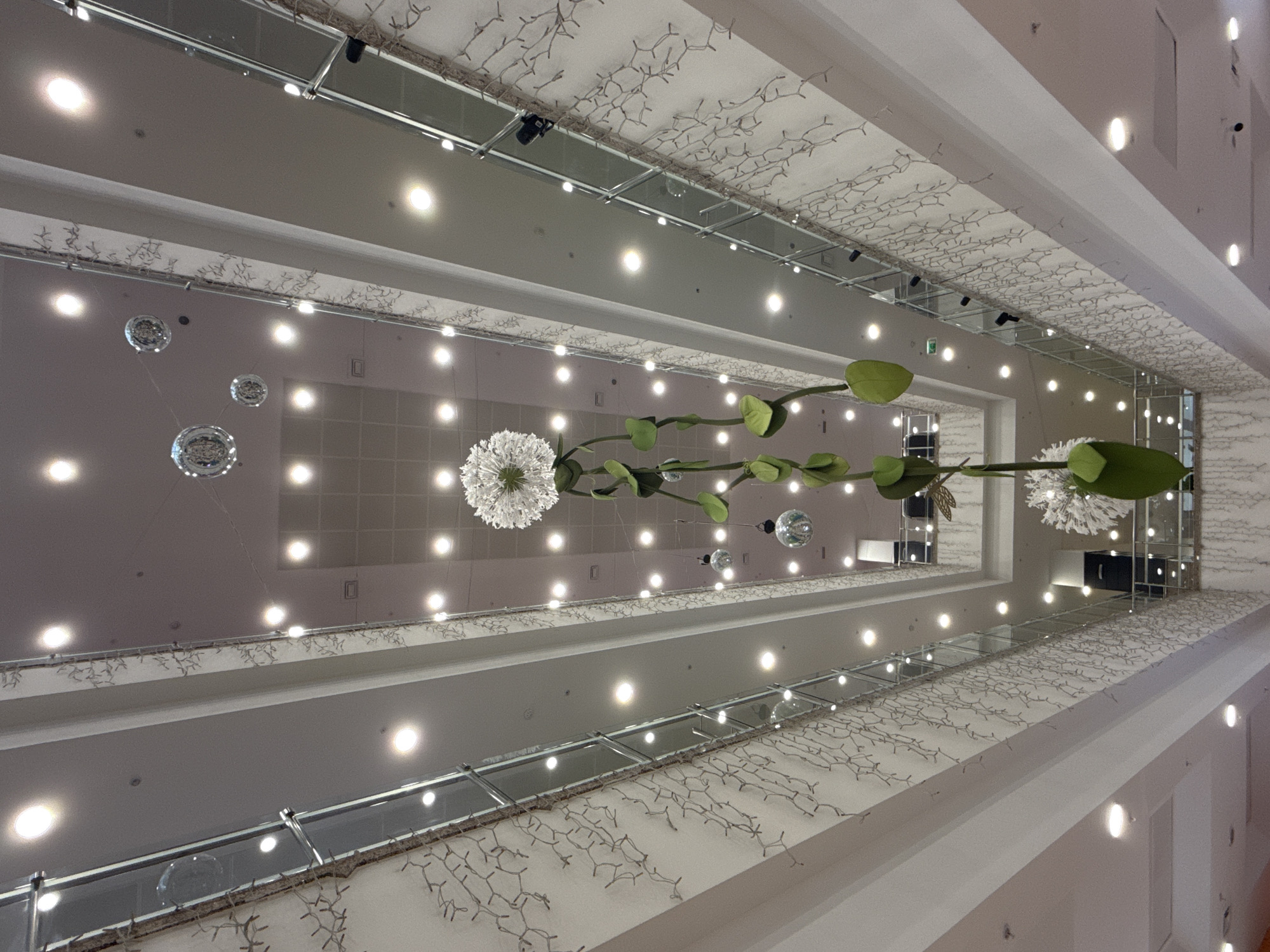 The image presents a worm's-eye view looking directly upwards into a tall, multi-level interior space, likely an atrium or a high-ceilinged hallway within a modern commercial or public building in Moscow, Russia. The architecture features multiple tiers of bright white or light grey ceilings and balconies that recede into the distance, creating a strong sense of depth.
Numerous bright, circular recessed lights illuminate each level, casting a clean, even glow throughout the space. Along the edges of the balconies and ceilings, decorative strings of small white lights, resembling branches or entangled fairy lights, add a textured, almost delicate pattern.
Dominating the central vertical axis are large, stylized artificial flower arrangements. These appear as oversized white dandelions with fluffy heads, supported by long, thick green stems adorned with broad, green leaves, suspended from the upper reaches of the structure. Several smaller, reflective disco ball-like spheres are also hanging at various points, reflecting the intense light. The surfaces of the upper levels incorporate mirrored or highly reflective panels, creating intricate reflections of the lights and architectural elements.
The scene is devoid of people, and the bright, consistent artificial lighting suggests an indoor setting, likely during operating hours. The overall impression is one of modern elegance, openness, and perhaps a subtly festive or decorative environment. There is no visible text in the image.