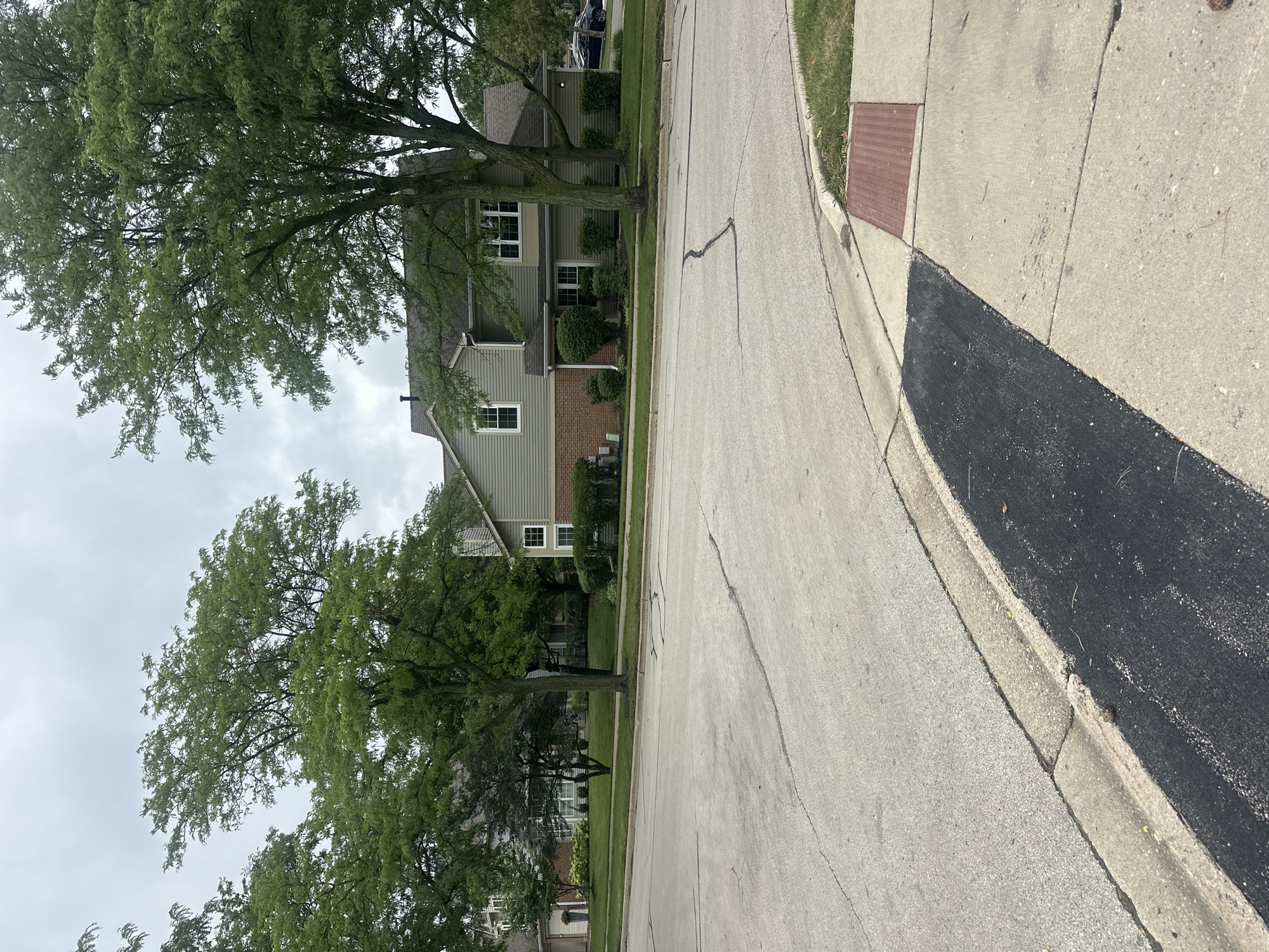 The image captures a suburban street scene in Schaumburg, Illinois, USA, under an overcast sky. In the foreground, a paved road with visible cracks and a patched section of asphalt runs diagonally across the frame. A concrete curb separates the road from a sidewalk area, which features a red metal grate set into the concrete. Beyond the sidewalk, a well-maintained lawn is visible.
The middle ground is dominated by residential townhouses, characterized by light green siding and brick accents. Mature trees with lush green foliage are interspersed throughout the properties, some casting shadows on the buildings. The architecture suggests a modern suburban development.
In the background, more trees and houses are visible, blending into the slightly hazy horizon. The overall impression is one of a quiet, residential neighborhood on a cloudy day. No people or vehicles are actively engaged in any actions, though a dark-colored car is parked in the distance.