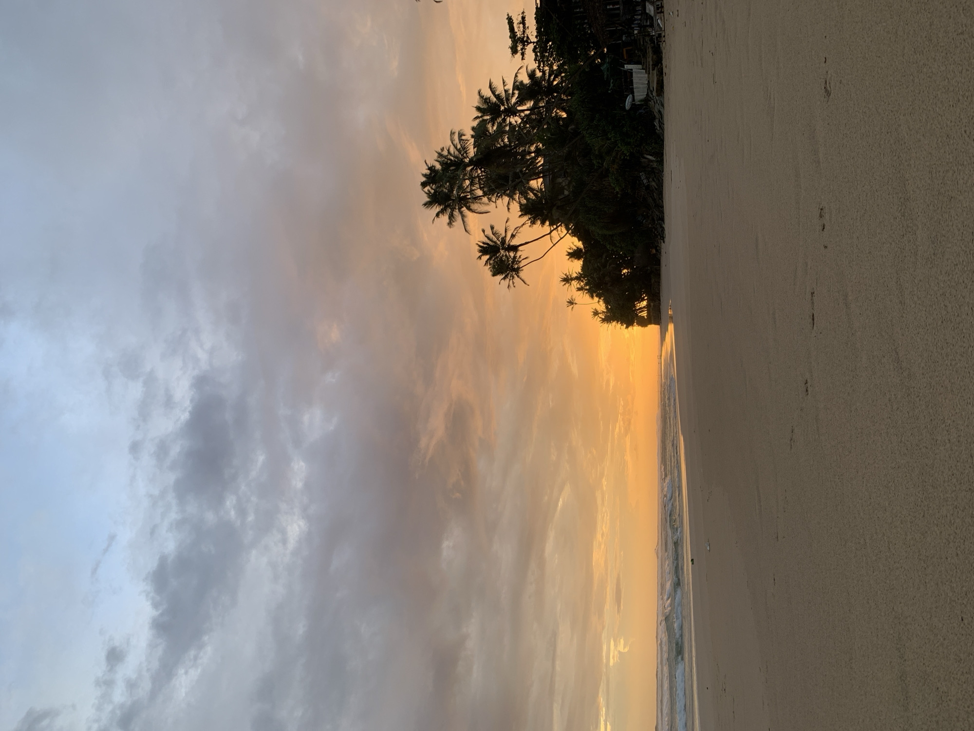 A serene beach scene in Ahangama, Sri Lanka, is captured at dusk. The sky is a canvas of dramatic clouds, transitioning from a soft pale blue at the top to hues of orange and yellow near the horizon. The ocean, a deep blue, is calm with small waves lapping at the shore, leaving a wet sheen on the sand. On the right side of the frame, a dense line of palm trees and tropical foliage creates a dark silhouette against the vibrant sky. Some structures, possibly small buildings or huts, are visible nestled within the greenery. The sandy beach itself is mostly empty, with faint footprints visible in the foreground. The overall atmosphere is tranquil and picturesque, showcasing the natural beauty of a coastal sunset.