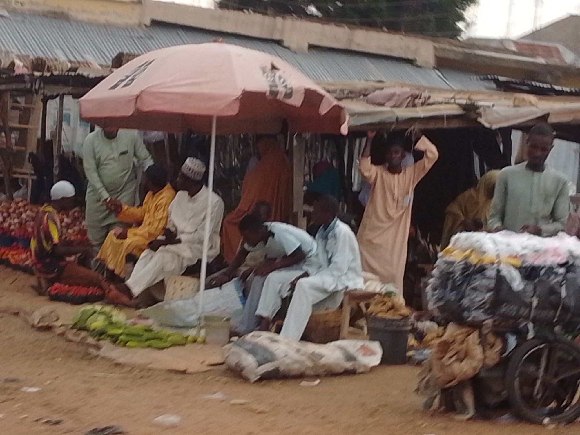 The image depicts an outdoor marketplace scene, likely in Pantame, Nigeria. In the foreground, a collection of green vegetables, possibly cucumbers or zucchini, is spread on a dirt surface. To the right, a cart is laden with various goods, including black garbage bags and what appears to be fabric or textiles. A portion of a large, pink umbrella provides shade for a group of people.
Several individuals are visible. A man in a light green robe stands near the umbrella. To his right, a person in a yellow robe is seated, and next to them, another individual in a white robe and cap is also seated. Further to the right, a man in a light blue robe sits on a stool, and another person in a light blue outfit sits next to him. On the left side of the image, a person wearing a colorful patterned wrap and a white head covering is seated with produce in front of them. Behind the umbrella, a person in an orange garment is partially visible. In the background, market stalls with corrugated metal roofing are apparent, and some structures with red accents are also visible. The ground is predominantly dirt with some scattered debris.