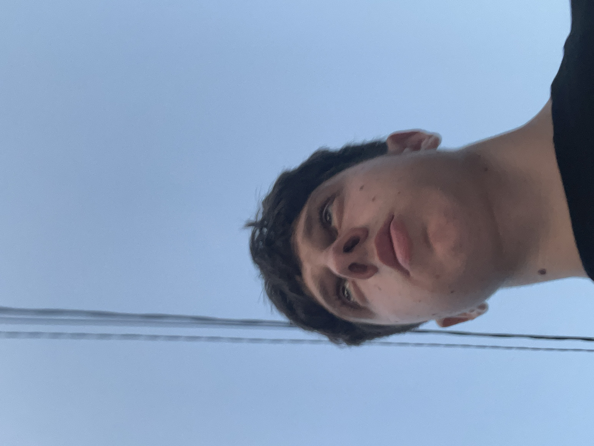 A young male individual is depicted from a low-angle perspective, his face filling the lower half of the frame. He has dark, medium-length hair with a prominent fringe, and a fair complexion with noticeable moles on his right cheek and neck. His eyes are directed upwards and slightly to his left. He is wearing a black crew-neck t-shirt, with the upper portion of his chest and shoulder visible. The background is a clear, pale blue sky, indicating an outdoor daylight setting. Several thin, dark, parallel utility lines run vertically in the upper left quadrant of the image, silhouetted against the sky. The scene is located in the city of Zlatograd, Bulgaria.