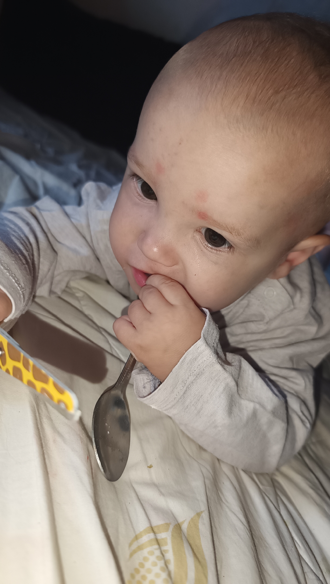The image shows a close-up of a baby's face, with the baby's hand holding a spoon and a toothbrush. The baby has red marks on its forehead and is looking down and to the side. The baby is wearing a light gray long-sleeved shirt. The background is dark and out of focus, with some light-colored fabric that appears to be bedding. There is no discernible indication of the location in the city of Chaikovsky, Russia.
