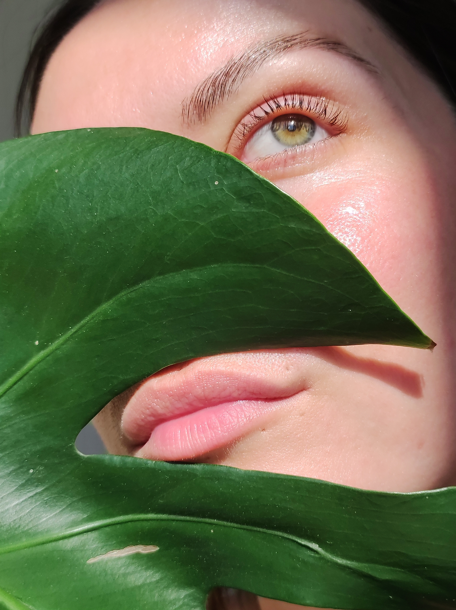 A close-up photograph captures a person partially obscured by a large, dark green leaf. The person's right eye, eyebrow, and lips are visible, along with the cheek and forehead area. The eye is light-colored, with visible eyelashes. The lips are pink. The skin has a slightly shiny texture and is light in color. The leaf covers most of the face, revealing the mouth only through a cut-out section of the leaf. The lighting on the scene is bright, creating shadows on the face and the leaf. The background is not visible. There is no evidence to suggest the location is in Chaikovsky, Russia.
