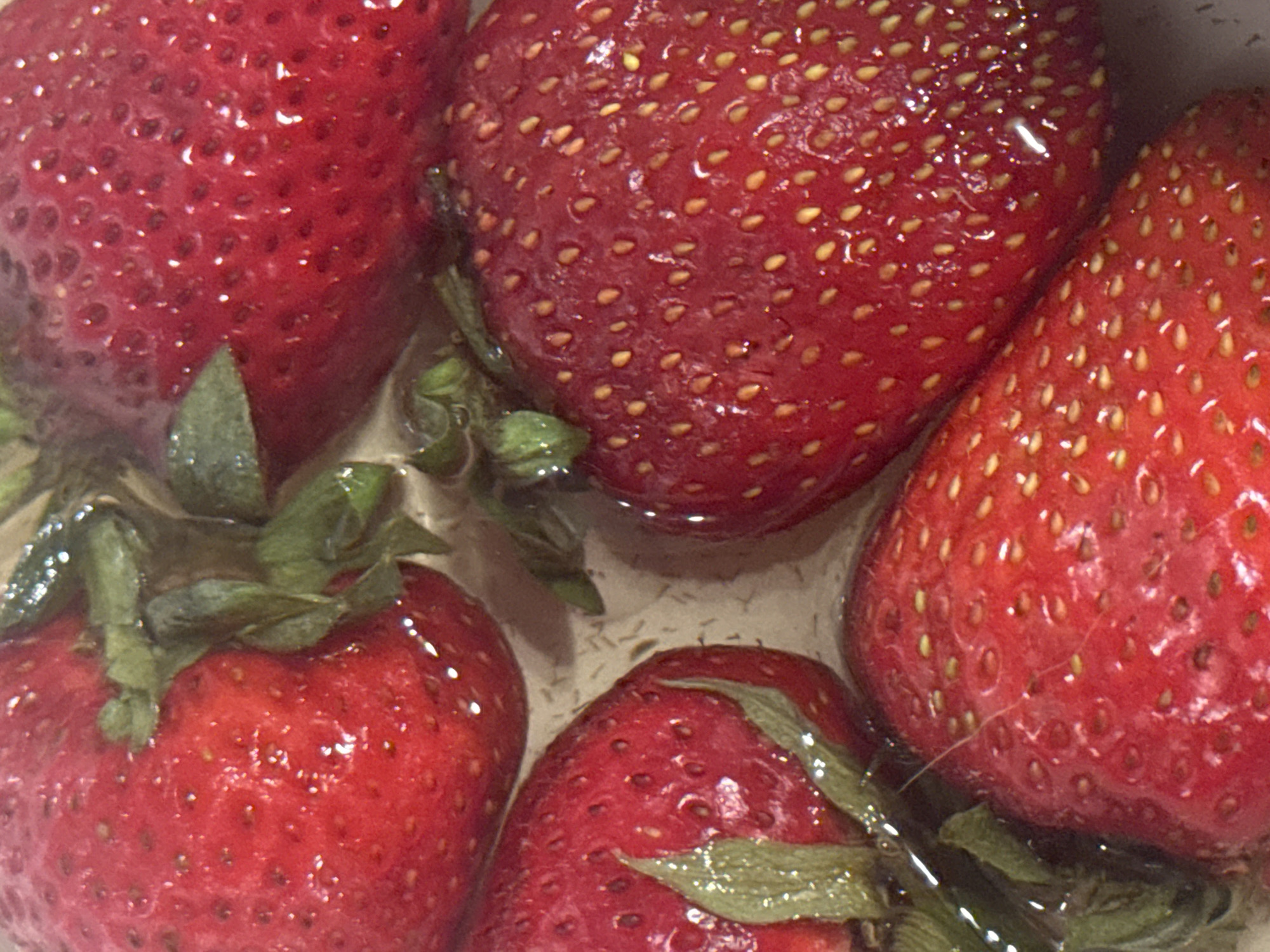 The image is a close-up, overhead shot of several ripe strawberries submerged in water, likely in a bowl or container. The strawberries are bright red with visible seeds and green leafy tops. Some are partially obscured by water and the reflections on their surfaces. There is no discernible urban environment or indication of Moscow, Russia. The focus is entirely on the fruit, suggesting it is a food preparation or presentation context.