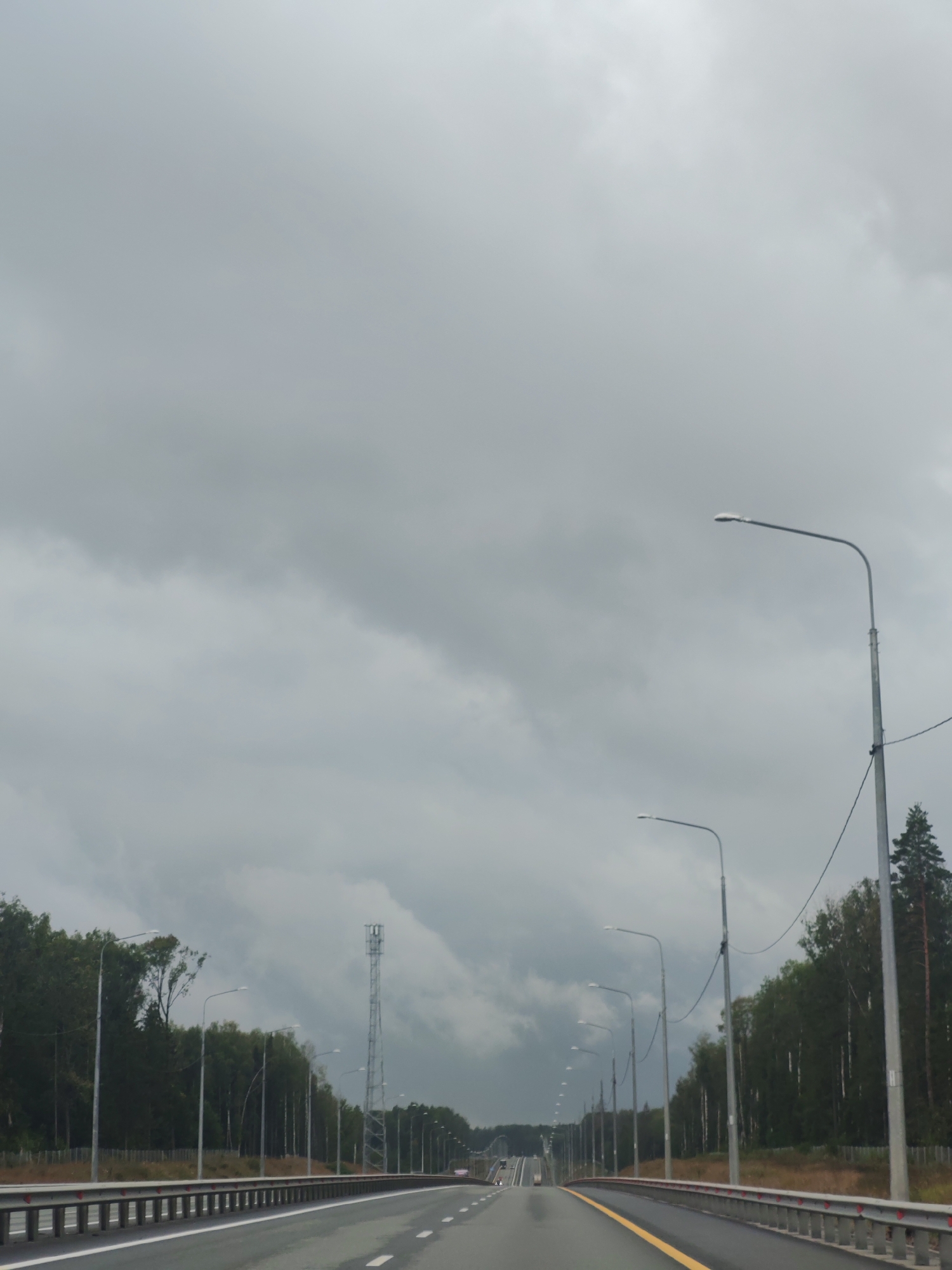 The image captures a highway scene under a heavy, overcast sky, suggesting impending or ongoing rain. The road, with its distinct yellow dividing line and white lane markers, stretches into the distance, flanked by a metal guardrail. Numerous streetlights are positioned along the right side of the highway, with more visible in the distance. A tall, lattice tower, likely a cellular or radio tower, stands prominently on the right, amidst a dense line of trees that border the road. The trees appear to be a mix of deciduous and coniferous species. The overall impression is one of a rural or suburban highway setting in Il'inki, Russia, with a subdued and potentially damp atmosphere due to the weather conditions. No people or vehicles are clearly discernible in the foreground or mid-ground.
