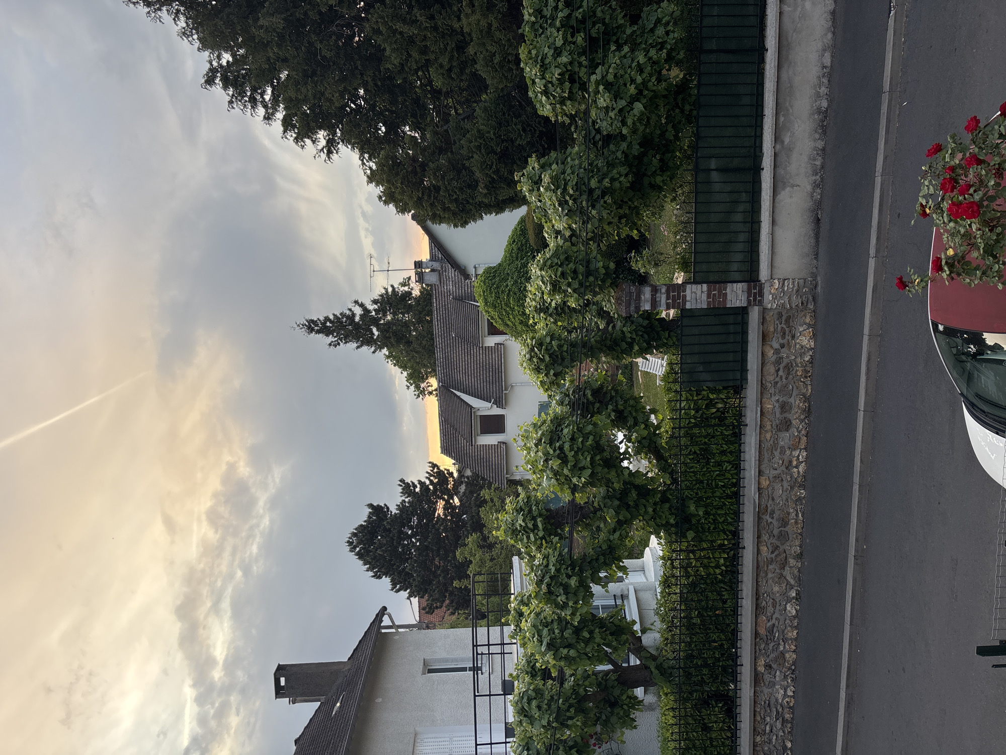 The image presents a residential street scene in Sarcelles, France. The view is elevated, possibly from a balcony or upper-story window. A two-lane asphalt road runs alongside a stone and concrete curb with a dark green wrought-iron fence separating the road from residential properties.
Houses are visible behind the fence, exhibiting typical French suburban architecture with light-colored walls and sloping tiled roofs. Trees and bushes line the properties, obscuring portions of the houses. One house has a visible white exterior and a prominent television antenna on the roof.
A red car is parked on the road on the right side of the image. A potted plant with red flowers is visible on the car.
The sky is overcast with clouds and sunlight, suggesting either dawn or dusk. There are no people visible in the image. The overall impression is of a quiet residential area.