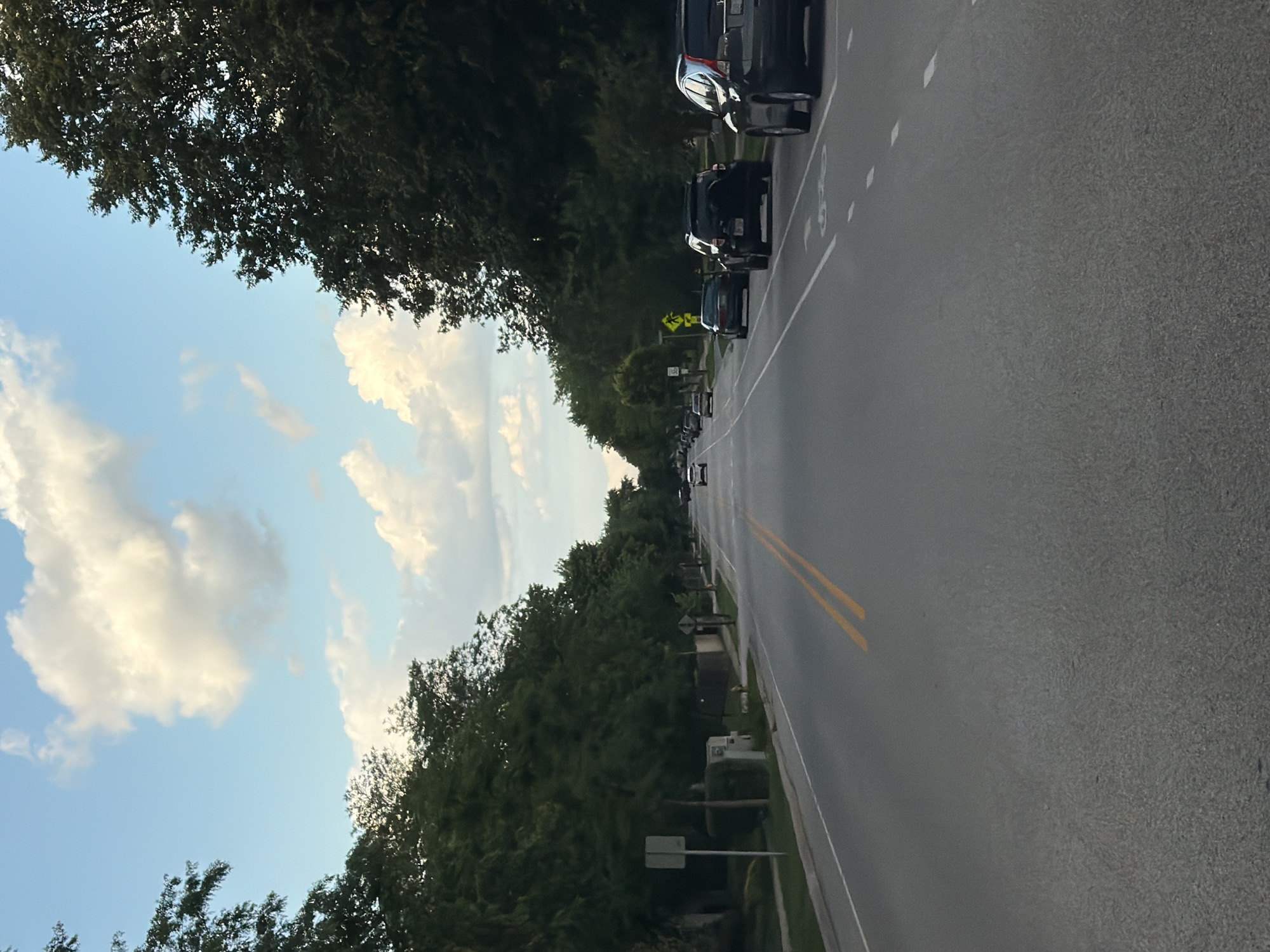 An eye-level, long shot captures a suburban street scene in Vernon Hills, Illinois, USA, bathed in the soft light of a partly cloudy sky. The road, with its double yellow dividing lines and a white lane marking for bicycles, stretches into the distance, flanked by mature trees and manicured lawns of residential properties. Several vehicles are present on the road, including a black SUV, a dark gray SUV, and a silver sedan, some parked along the side and others in motion. The environment appears serene and quiet, typical of a residential neighborhood during daylight hours.