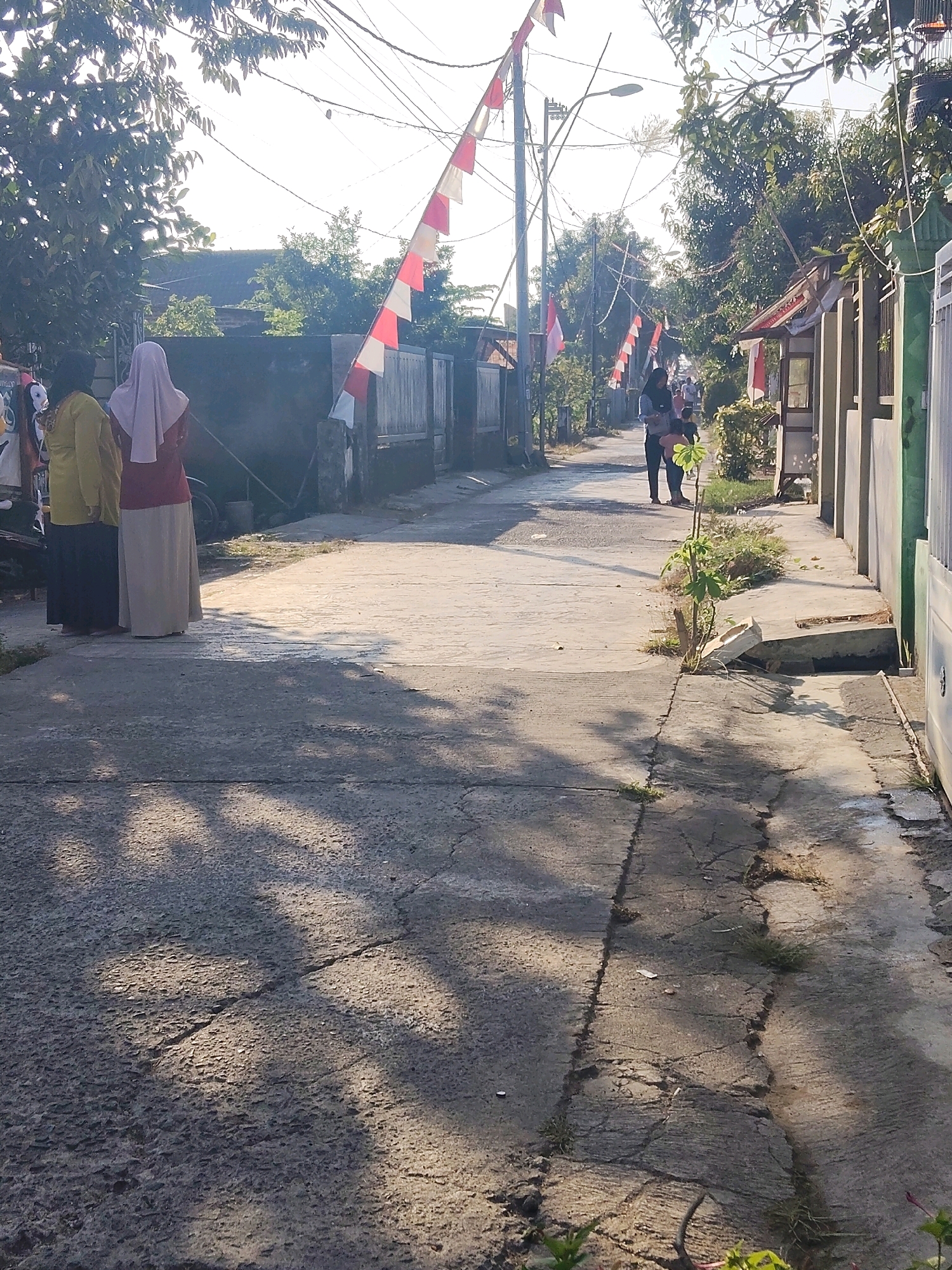 In Windurejo, Indonesia, a village street is lined with red and white Indonesian flags, strung across utility wires. The street is paved with cracked asphalt and concrete. Two women in traditional attire stand on the left side of the street, facing away from the camera. Further down the street, a man carries a child, and other figures are visible in the distance. Buildings, partially obscured by trees and foliage, line the right side of the street. The scene is illuminated by the warm light of the sun, casting shadows across the road.