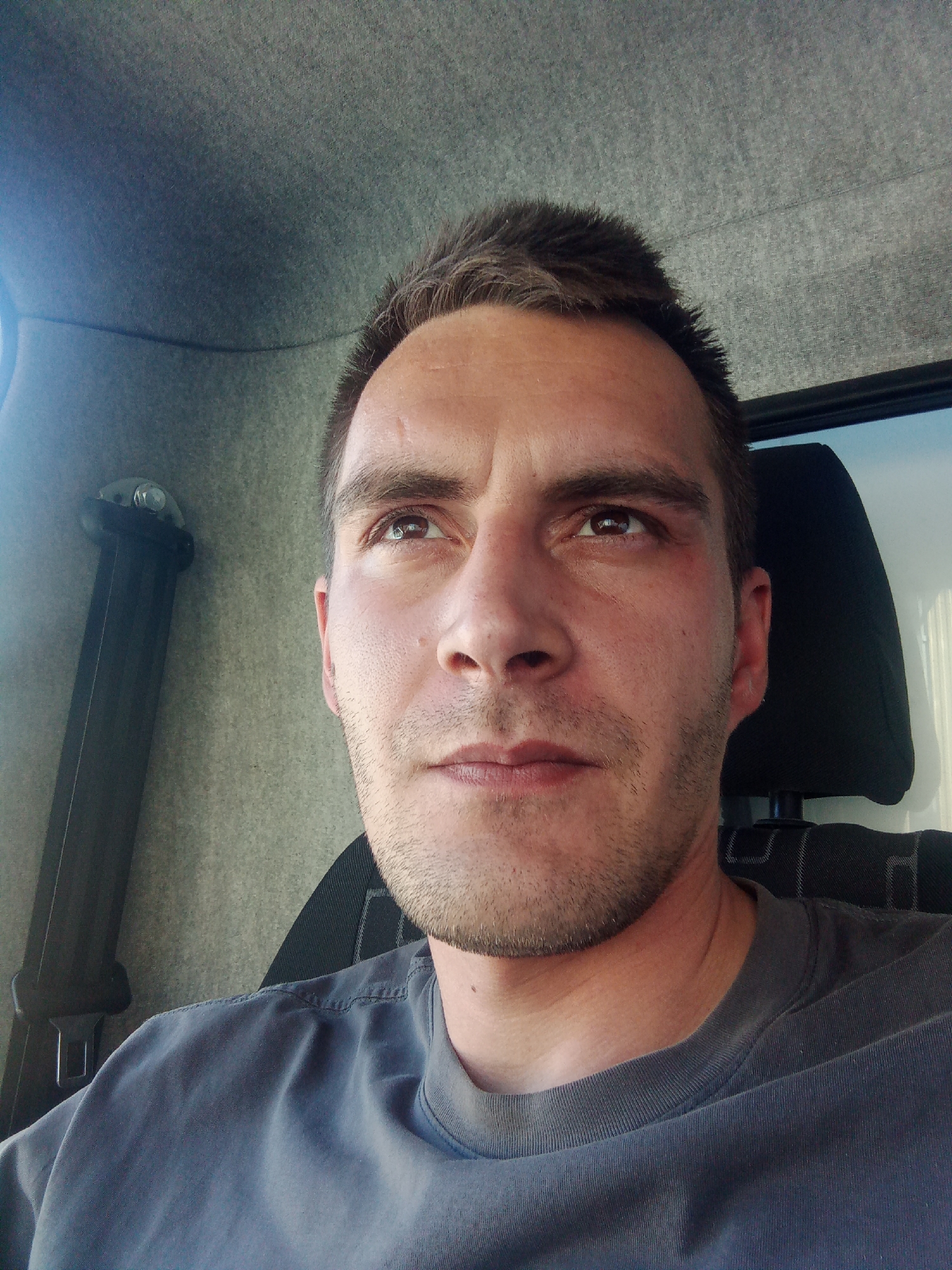A man with short, dark brown hair is seated in what appears to be the driver's seat of a vehicle. He has a light complexion, with dark eyebrows and eyes. He has stubble on his face. He is wearing a gray t-shirt. The background includes the interior of the vehicle, including the gray upholstered ceiling and side panel, a black seatbelt, and a black headrest. There is no contextual information in the image indicating the location is Chaikovsky, Russia.