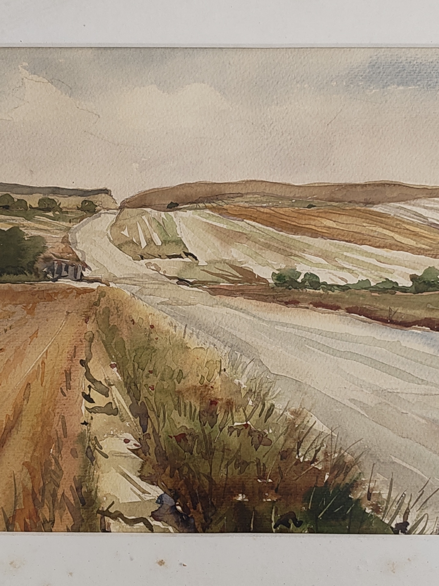 The image is a watercolor painting depicting a rural landscape. A road curves through the scene from the foreground to the background. The foreground features patches of vegetation and dirt. To the left of the road is a ploughed field. In the middle ground, to the left of the road, is a small, dilapidated building. Further back, in the background, are rolling hills with fields of alternating shades of brown and white. The sky is overcast with light grey clouds. The overall impression is one of a quiet, rural scene, possibly located near Rotes, Spain, given the landscape style.