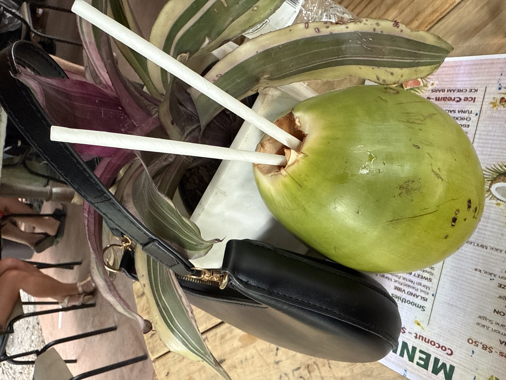 The image shows a green coconut with two white straws stuck into it, placed on a wooden table with a black purse next to it. Some green and purple plants surround the coconut. The table also holds a menu displaying prices and options such as "Coconut - $". A person's legs and feet are visible in the background. The location appears to be Davie, United States of America, based on the "ISLAND VIBE" reference.