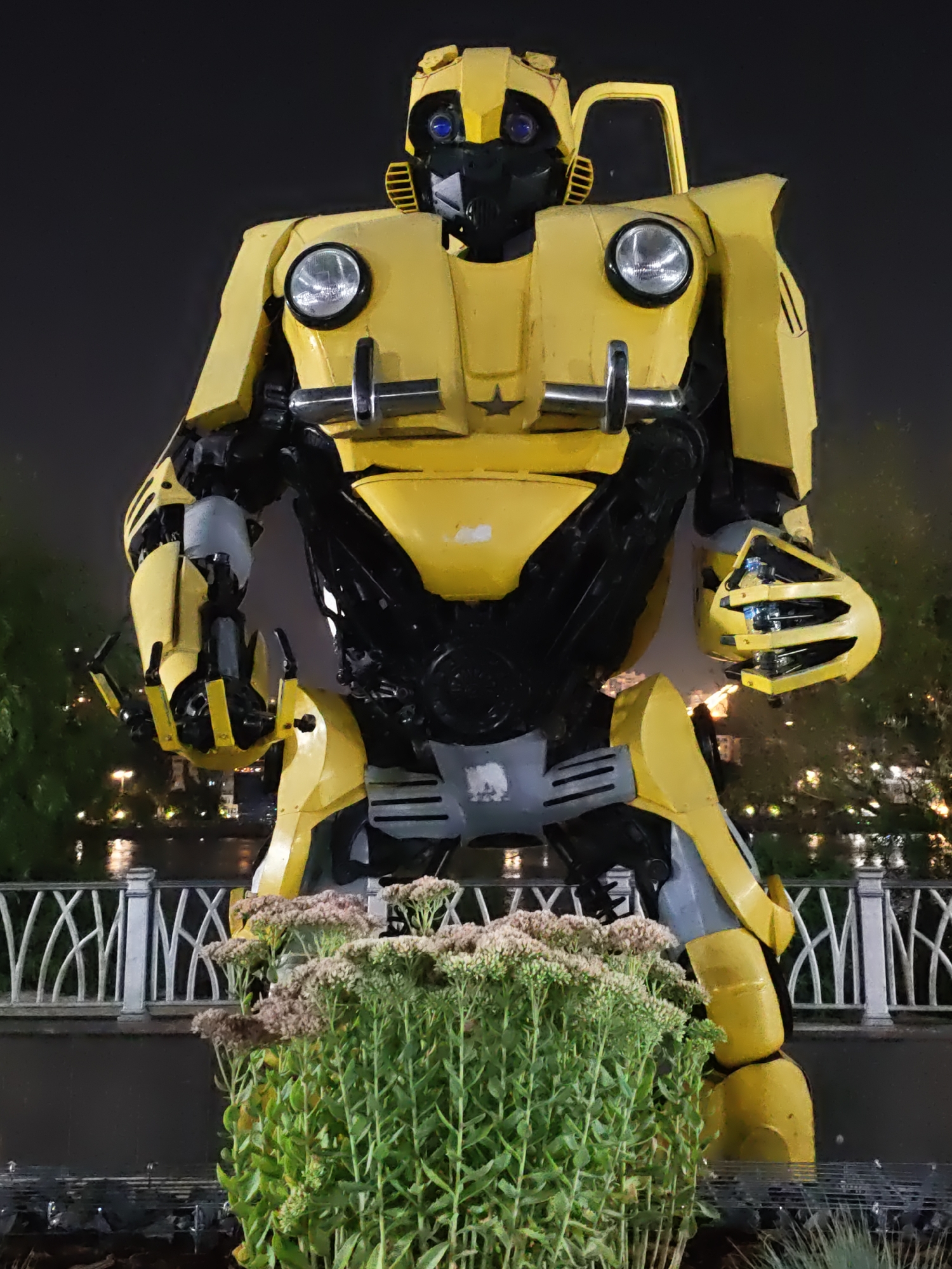 A life-sized, yellow, Transformer robot, resembling Bumblebee, stands outdoors at night in an urban setting. The robot is the primary subject, positioned centrally and facing forward. It has a detailed, mechanical design with visible joints, plating, and headlights. The background features a body of water, reflecting lights from buildings and possibly streetlights. A white, decorative railing runs horizontally across the mid-ground. In the foreground, a dense cluster of green plants with small, pinkish-brown flower heads is prominent, partially obscuring the robot's lower legs. The overall scene is dark, with artificial lighting illuminating the robot and the surrounding environment.