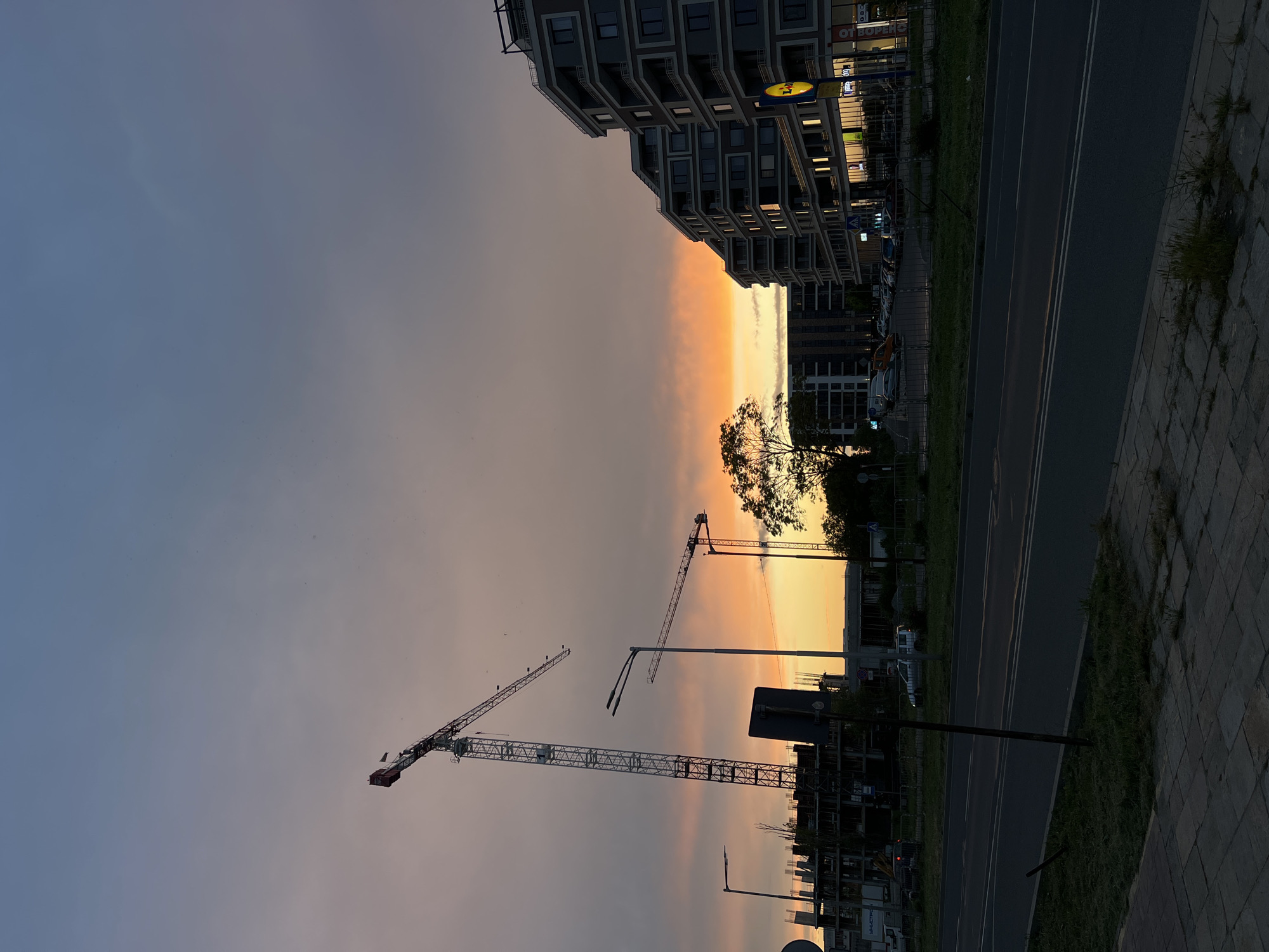 This photograph captures a view in Burgas, Bulgaria, likely near a construction zone at dusk. The image is oriented vertically, with the sky occupying much of the upper portion. The sky displays gradients of color, transitioning from a soft orange near the horizon to a dusky blue further up. Two large construction cranes are silhouetted against the colorful sky. Below, buildings in various stages of construction are visible, as well as a mature tree. A modern apartment building with multiple floors and numerous windows stands along a street. A multi-lane road stretches from the bottom of the frame, with a sidewalk visible along its right edge. The lighting suggests it is near sunset.