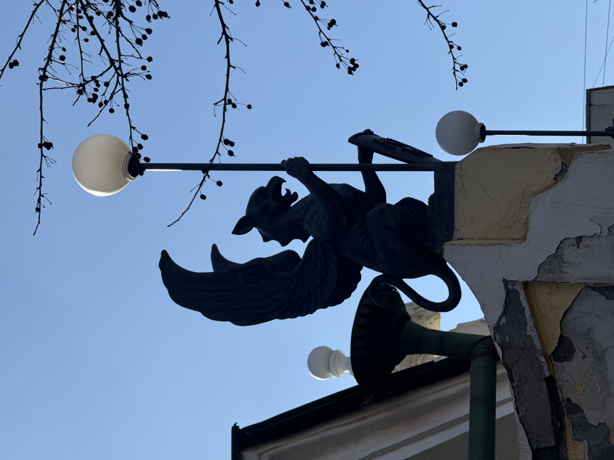 A low-angle shot shows a winged, gargoyle-like sculpture affixed to the corner of a weathered building, against a clear blue sky. The sculpture is dark and appears to be made of metal or stone. It grasps a horizontal metal rod supporting two globe-shaped light fixtures, one on each side of the sculpture. The building has a textured, peeling facade with layers of cream, white, and gray paint visible. A tree branch with small dark berries hangs down from the upper left corner of the frame. A section of the building's roof is visible below the sculpture. The location is Krasnoyarsk, Russia.